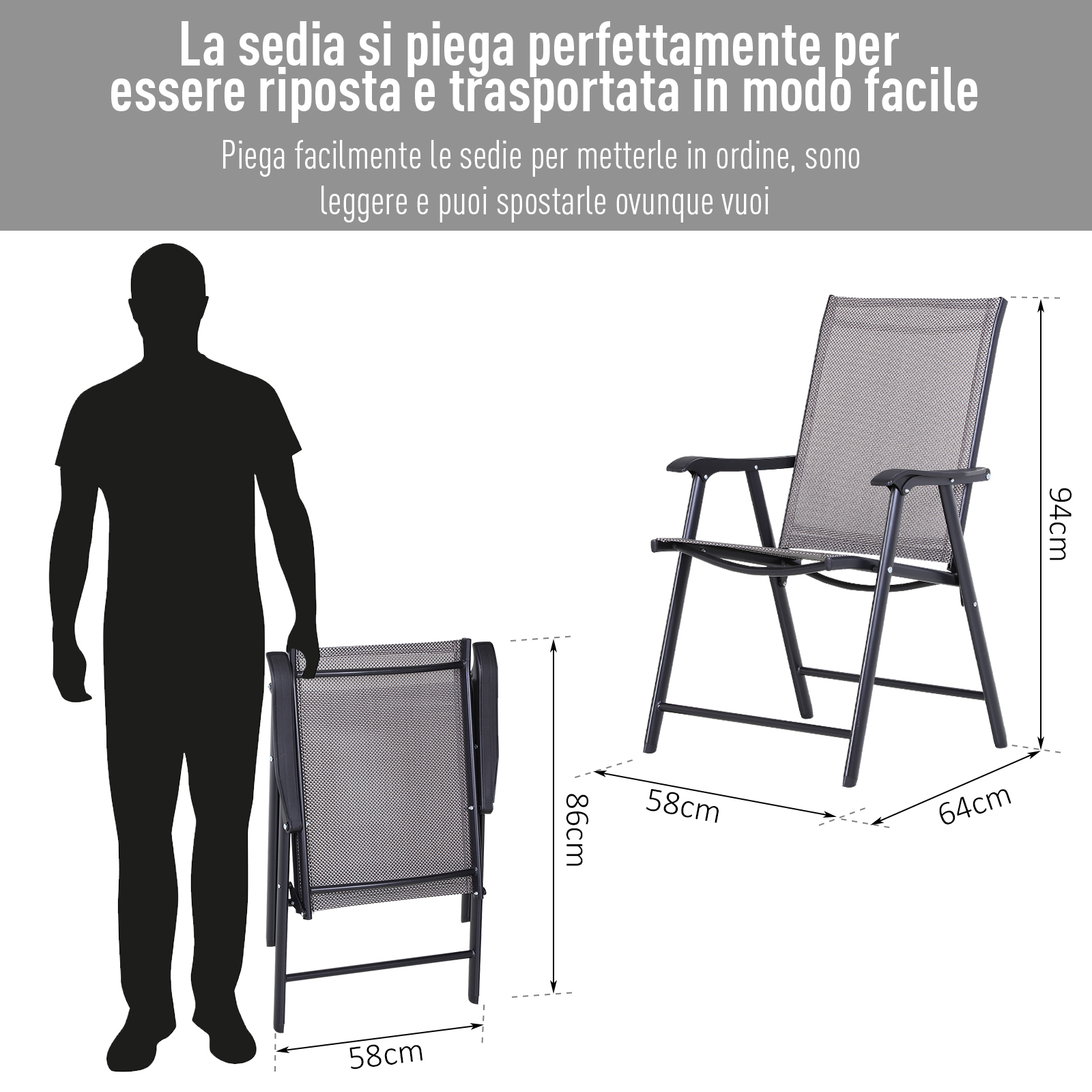 Set 2 Sedie Pieghevoli Da Esterno In Acciaio E Textilene – Mobili Da Giardino Resistenti E Comodi, Con Telaio In Acciaio Verniciato, Carico Max 110 Kg
