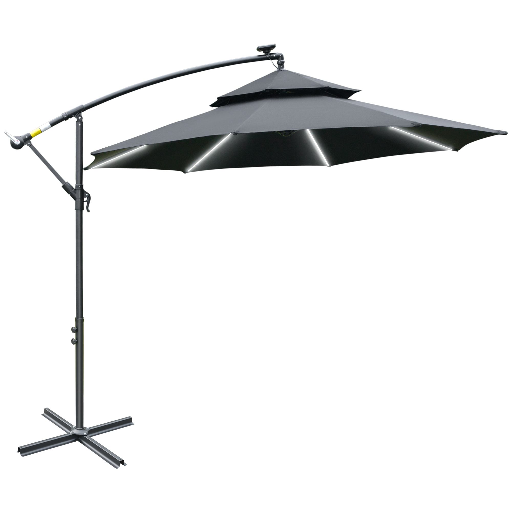 Outsunny 3(m) Cantilever Banana Parasol Hanging Umbrella with Double Roof, LED Solar lights, Crank,... at Aosom IE