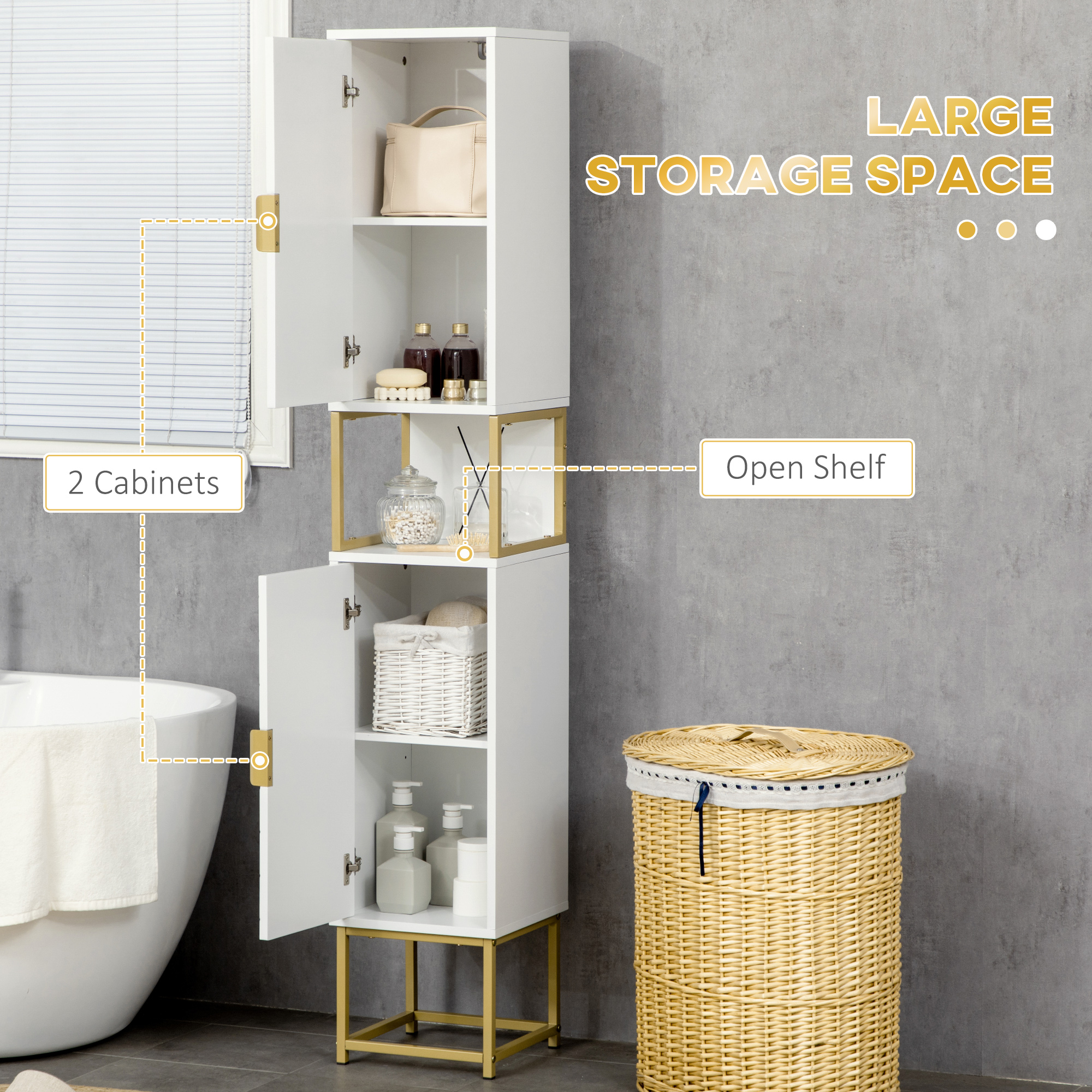 Kleankin Narrow Bathroom Storage Cabinet, Freestanding Tallboy Storage Unit Floor Cabinet Slim Corner Organizer w/Adjustable Shelf Steel Base, White