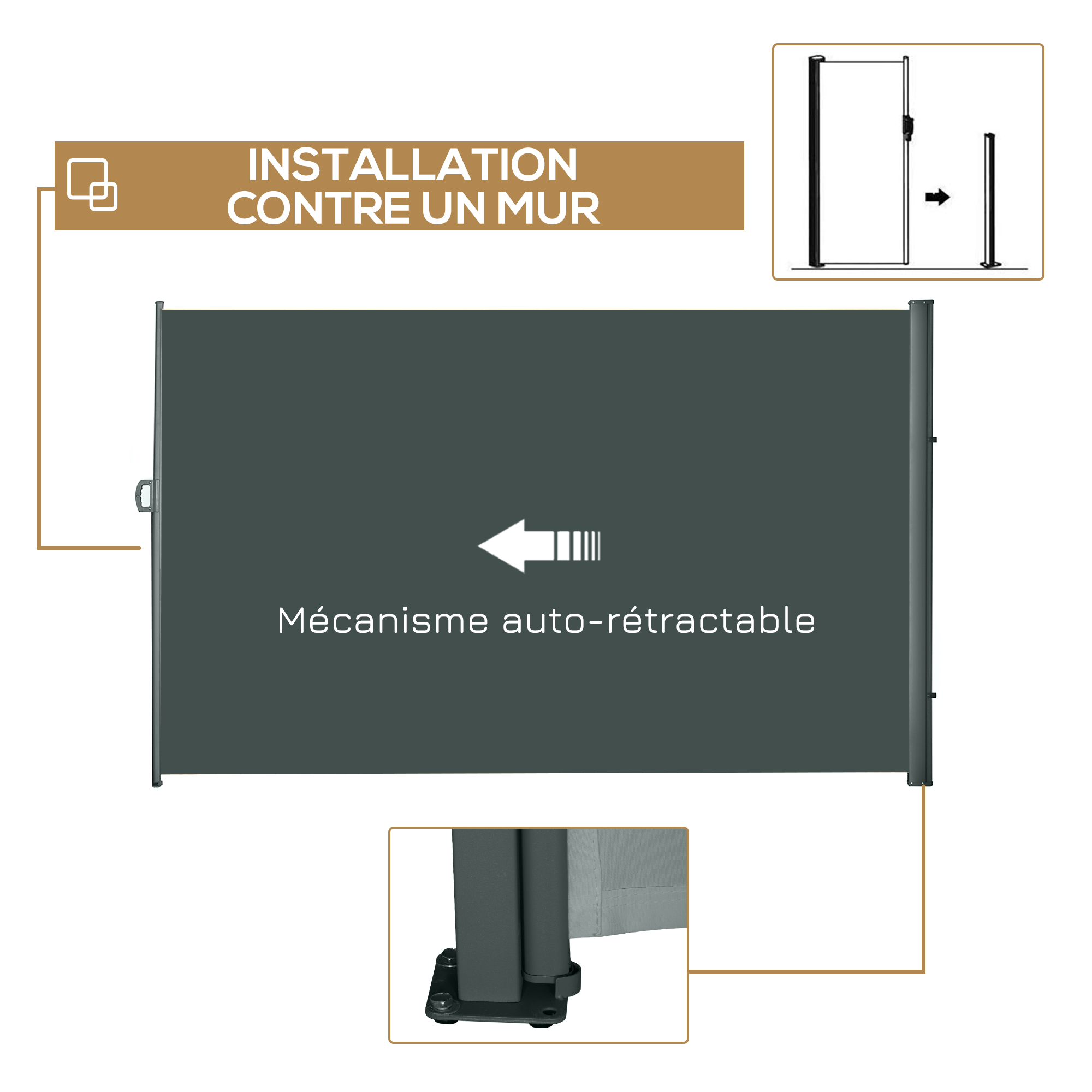 Store latéral brise-vue paravent rétractable dim. 3L x 2H m alu. polyester anti-UV haute densité Store latéral brise-vue paravent rétractable dim. 3L x 2H m alu. polyester anti-UV haute densité