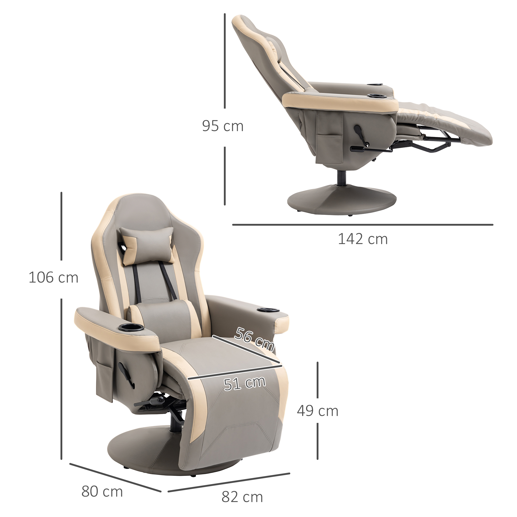HOMCOM Manual Recliner Chair Armchair PU Leather Lounge Chair w/ Adjustable Leg Rest, 135Â° Reclining Function, 360Â° Swivel, Grey