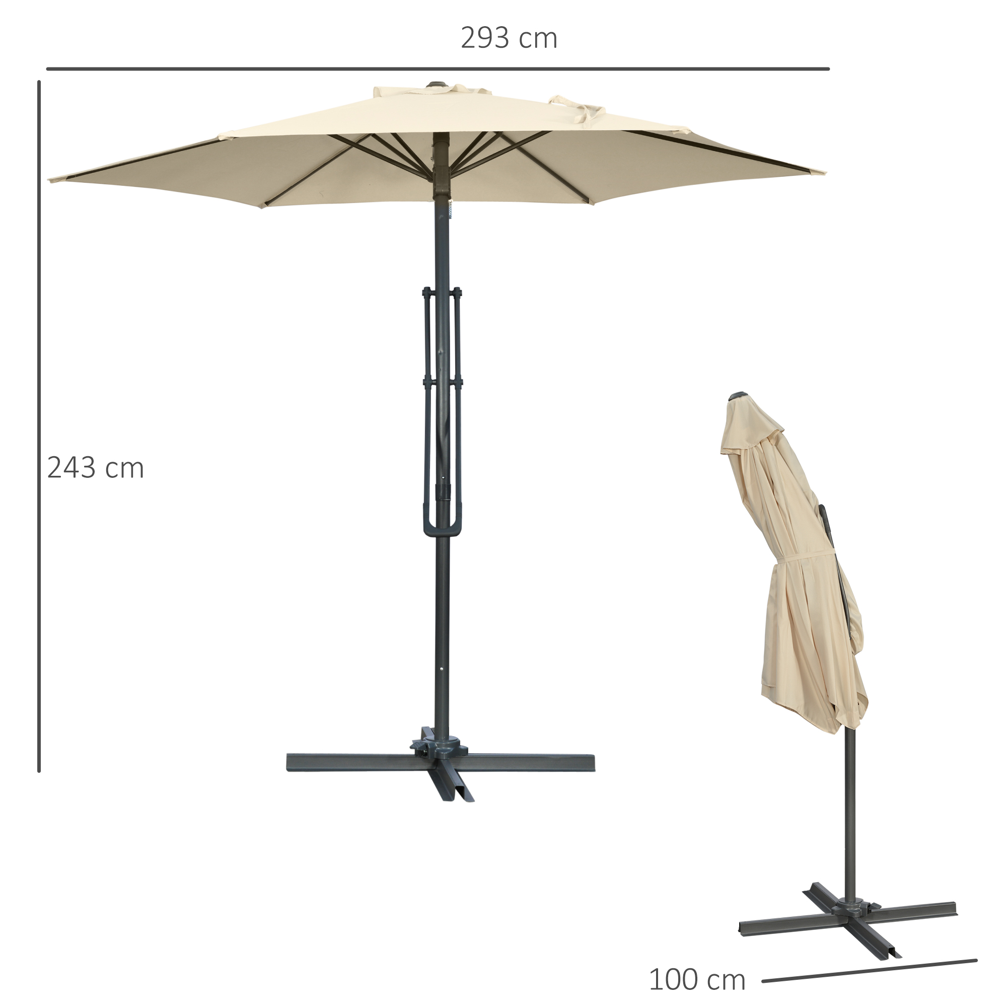 Outsunny 3m Cantilever Parasol with Easy Lever, Patio Umbrella with Crank Handle, Cross Base and 6 Metal Ribs, Outdoor Sun Shadesï¼ŒGarden, Cream White