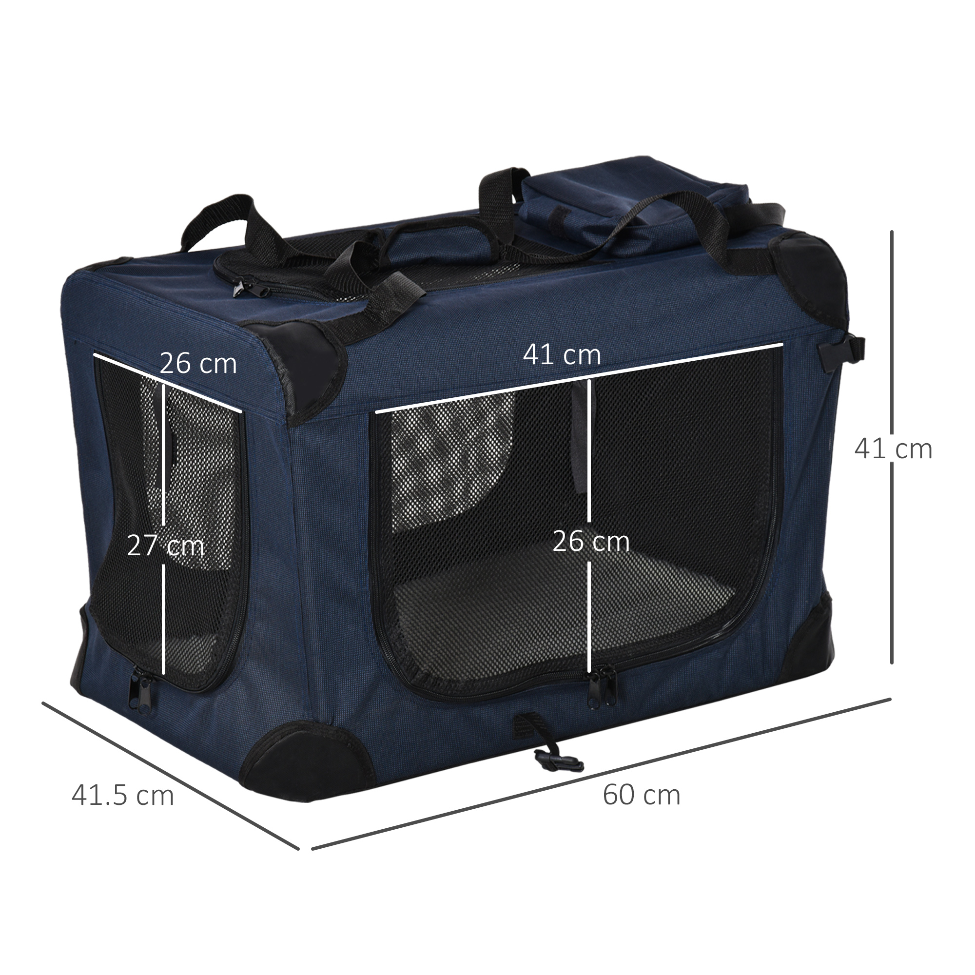 PawHut Folding Pet Carrier, Soft Portable Dog & Cat Crate with Cushion, Durable Travel Bag, 60 x 41.5 x 41 cm, Dark Blue