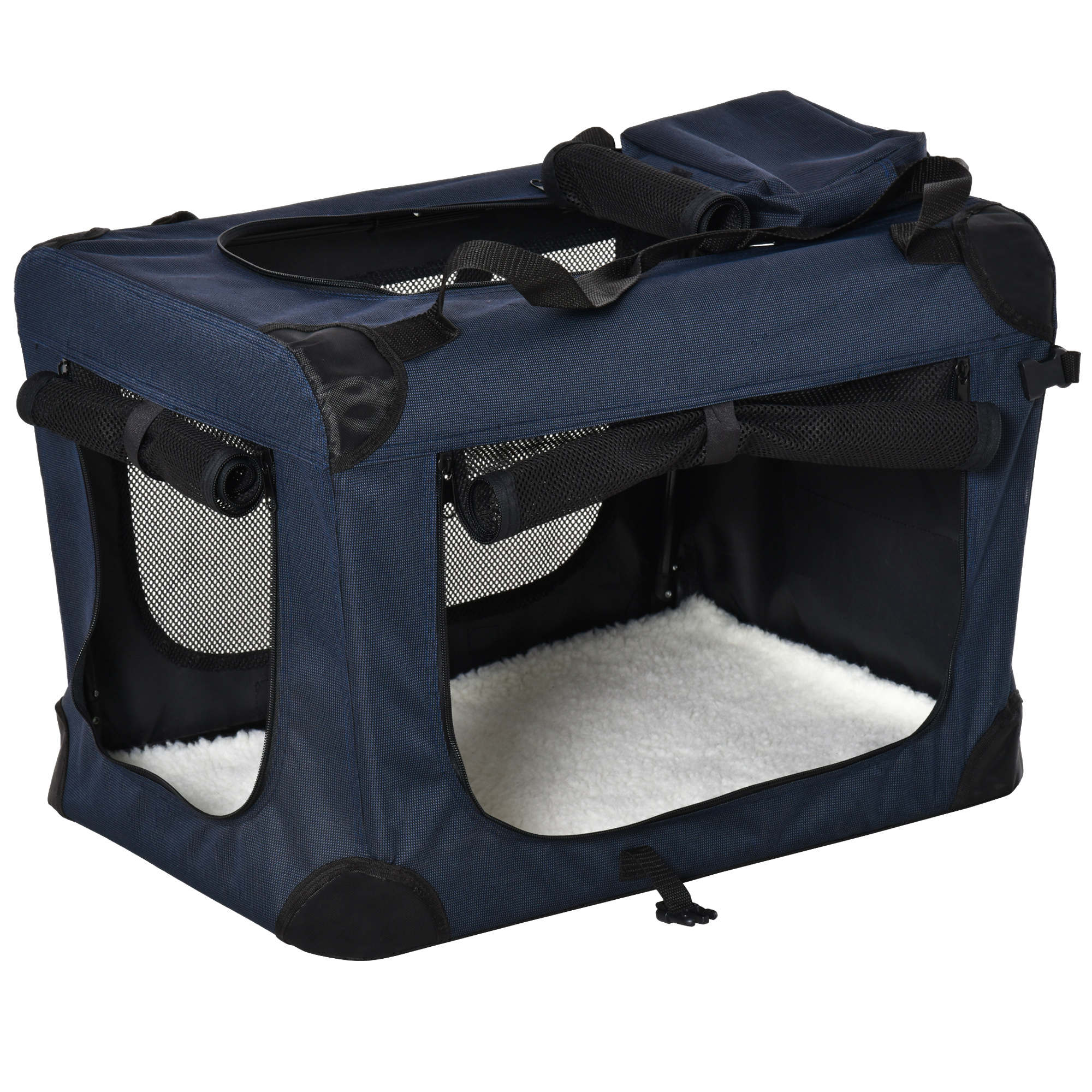 PawHut Folding Pet Carrier, Soft Portable Dog & Cat Crate with Cushion, Durable Travel Bag, 60 x 41.5 x 41 cm, Dark Blue