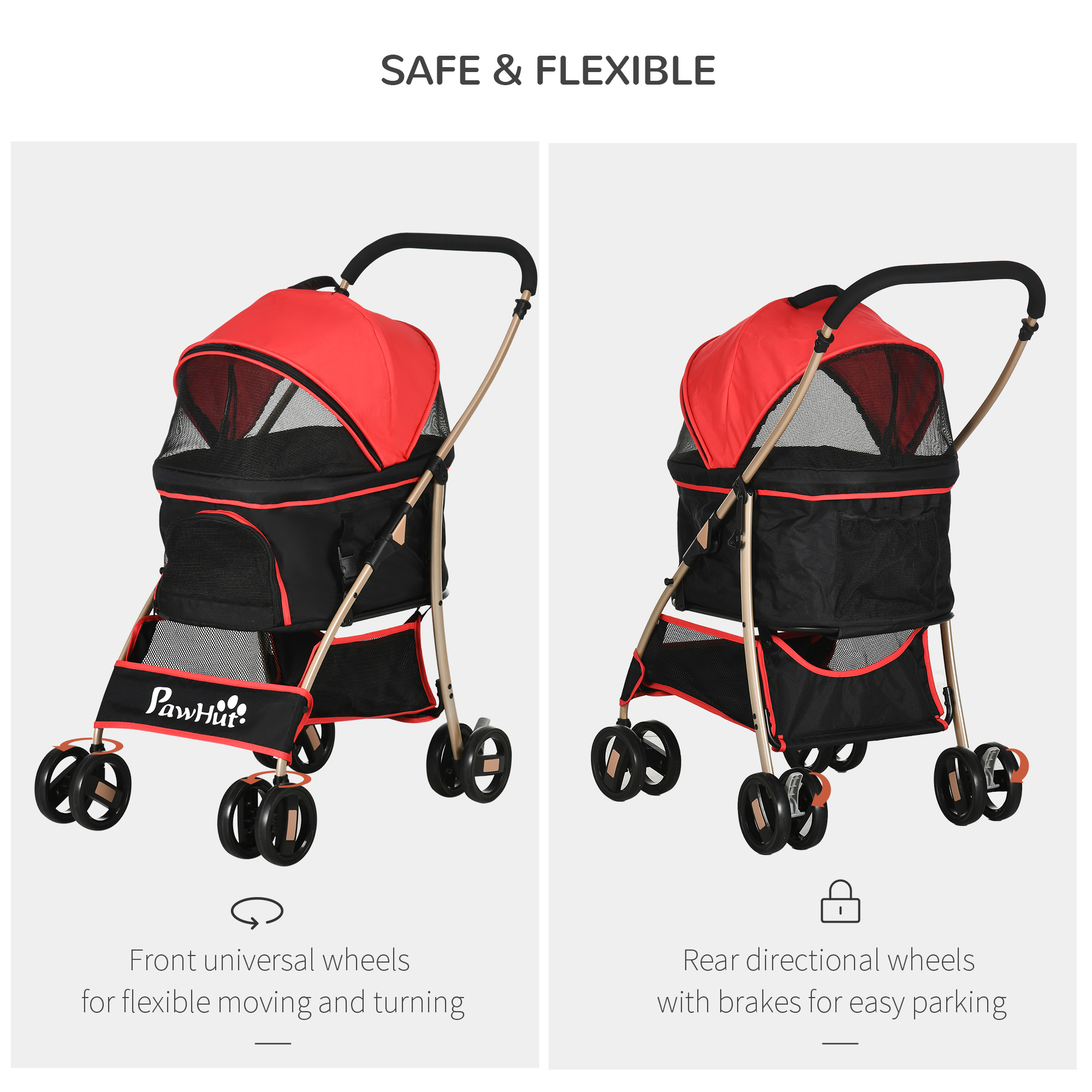 PawHut 3-In-1 Pet Stroller, Detachable Dog Pushchair with Universal Wheels, Brake & Canopy, Foldable Travel Bag for XS & S Pets, Red