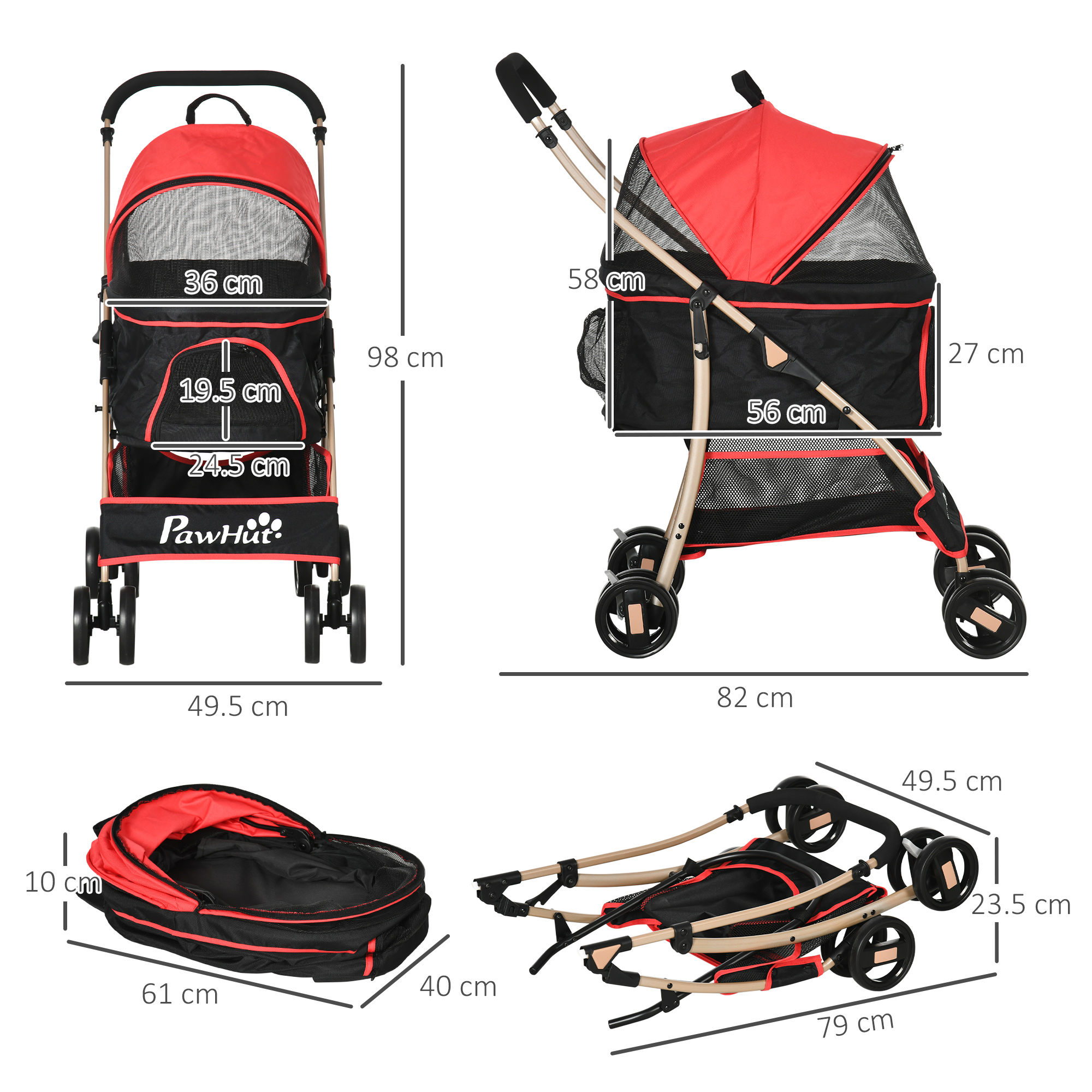 PawHut 3-In-1 Pet Stroller, Detachable Dog Pushchair with Universal Wheels, Brake & Canopy, Foldable Travel Bag for XS & S Pets, Red