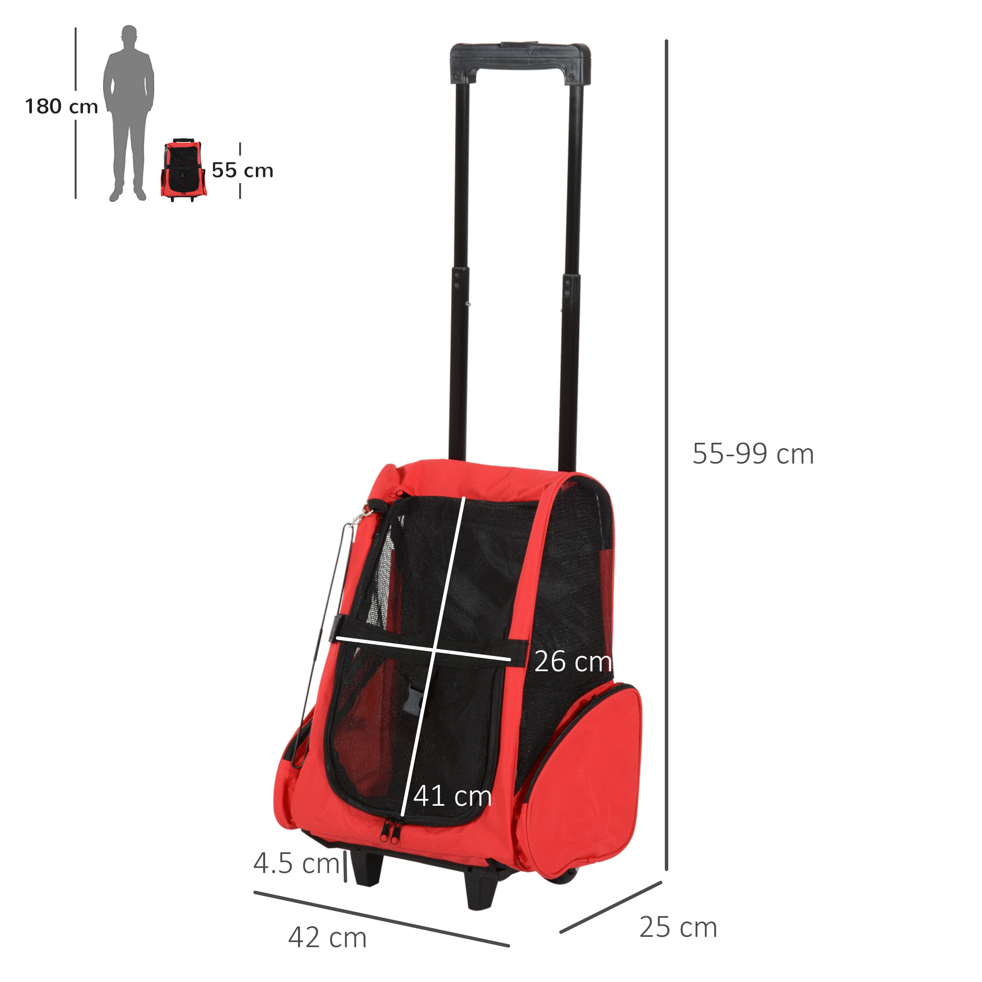 PawHut Pet Carrier Backpack with Trolley, Telescopic Handle Travel Bag for Dogs and Cats, 42 x 25 x 55 cm, Red