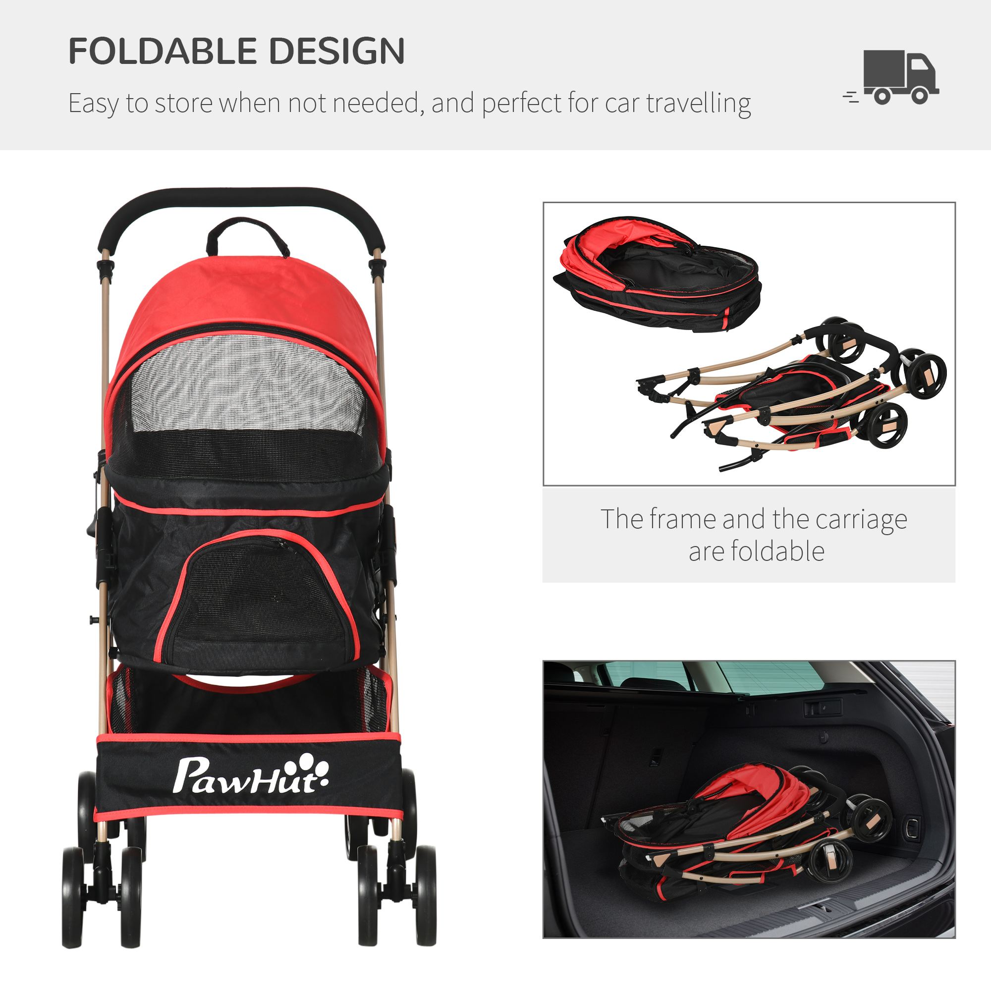 PawHut 3-In-1 Pet Stroller, Detachable Dog Pushchair with Universal Wheels, Brake & Canopy, Foldable Travel Bag for XS & S Pets, Red