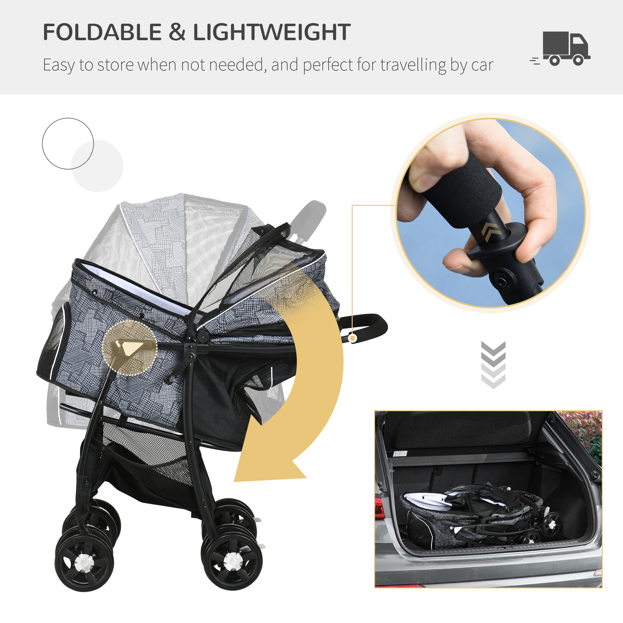 PawHut Pet Stroller, Dog Pushchair, Cat Travel Carriage, Foldable with Carrying Bag, Universal Wheels, Brake Canopy, for XS & S Sized Pets, Grey