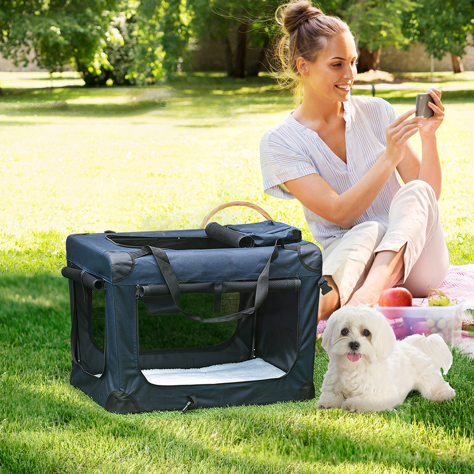 PawHut Folding Pet Carrier, Soft Portable Dog & Cat Crate with Cushion, Durable Travel Bag, 60 x 41.5 x 41 cm, Dark Blue