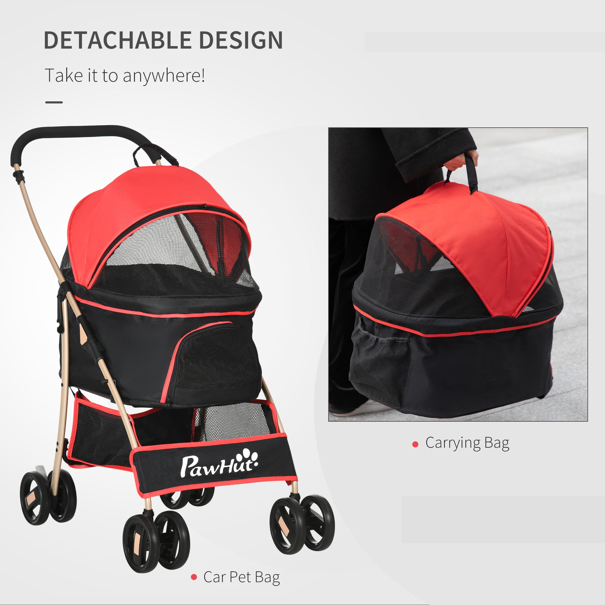 PawHut 3-In-1 Pet Stroller, Detachable Dog Pushchair with Universal Wheels, Brake & Canopy, Foldable Travel Bag for XS & S Pets, Red