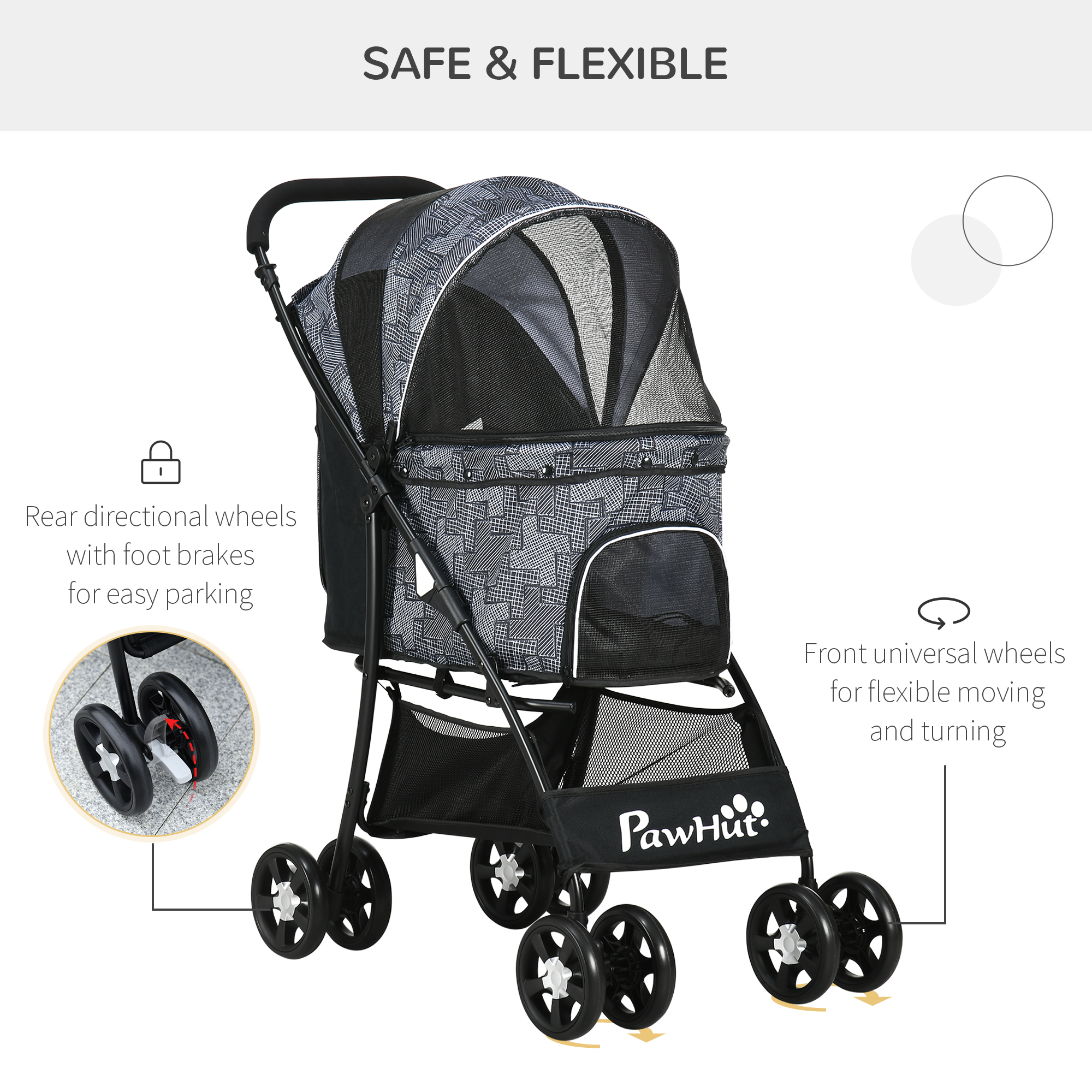 PawHut Pet Stroller, Dog Pushchair, Cat Travel Carriage, Foldable with Carrying Bag, Universal Wheels, Brake Canopy, for XS & S Sized Pets, Grey