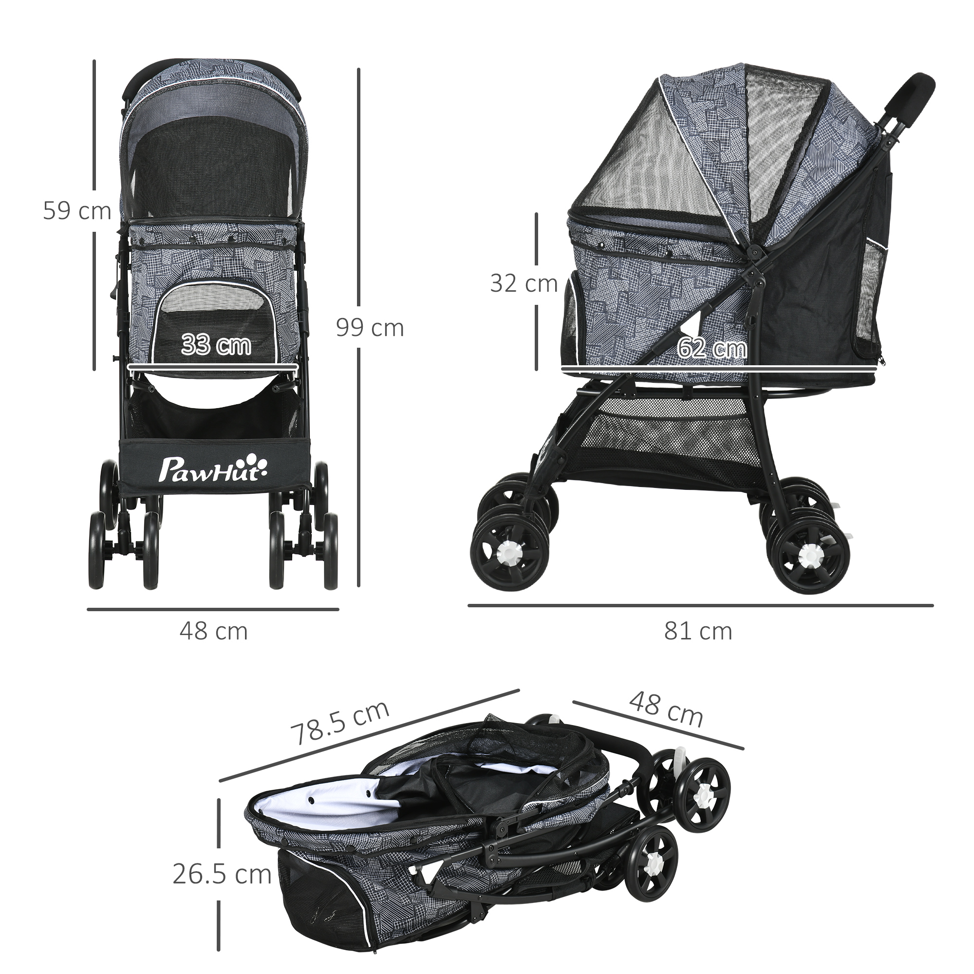 PawHut Pet Stroller, Dog Pushchair, Cat Travel Carriage, Foldable with Carrying Bag, Universal Wheels, Brake Canopy, for XS & S Sized Pets, Grey