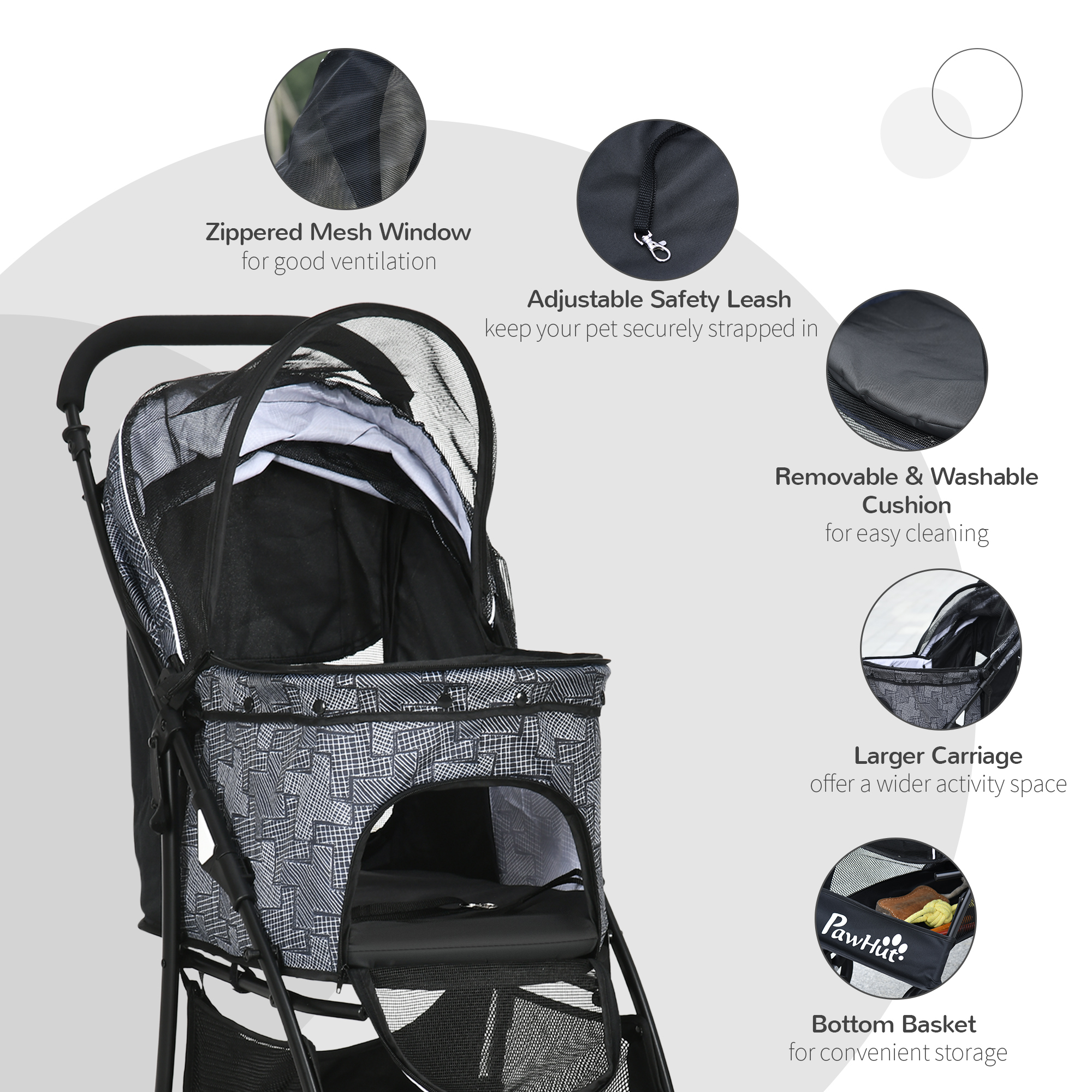 PawHut Pet Stroller, Dog Pushchair, Cat Travel Carriage, Foldable with Carrying Bag, Universal Wheels, Brake Canopy, for XS & S Sized Pets, Grey
