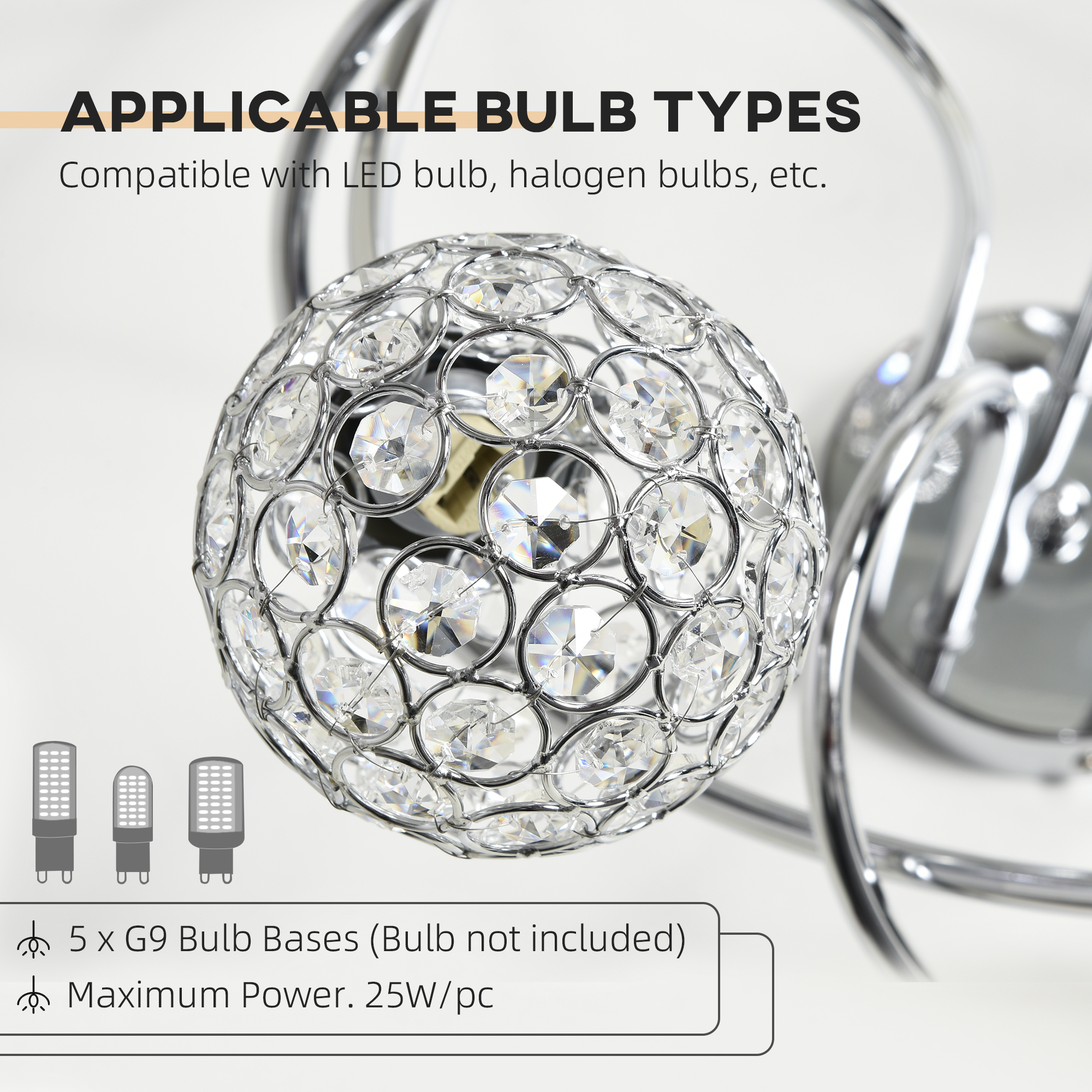 HOMCOM Modern Crystal Ball Chandelier Ceiling Light Pendant Light with 5 Lampshades 5 G9 Bulbs Required Silver