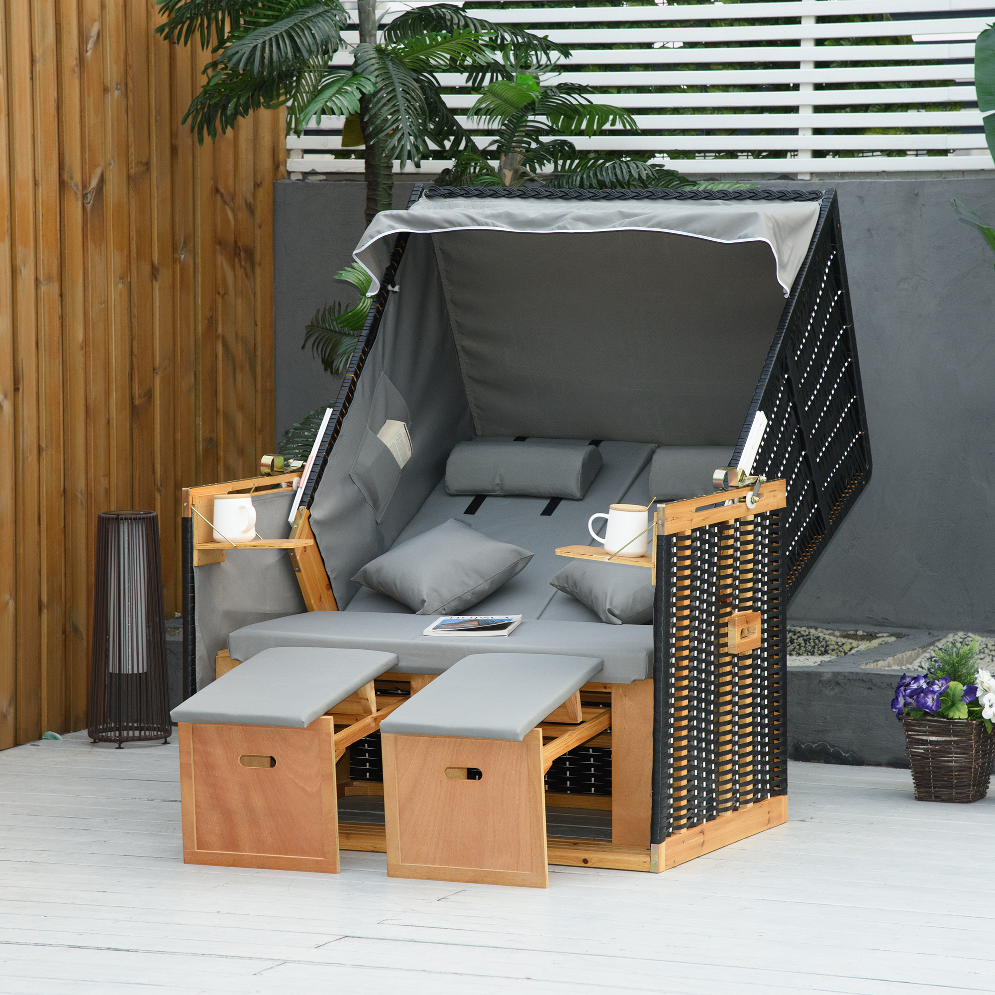 Outsunny Strandkorb Volllieger Gartenliege mit Getränkehaltern aus PE-Ratta günstig online kaufen