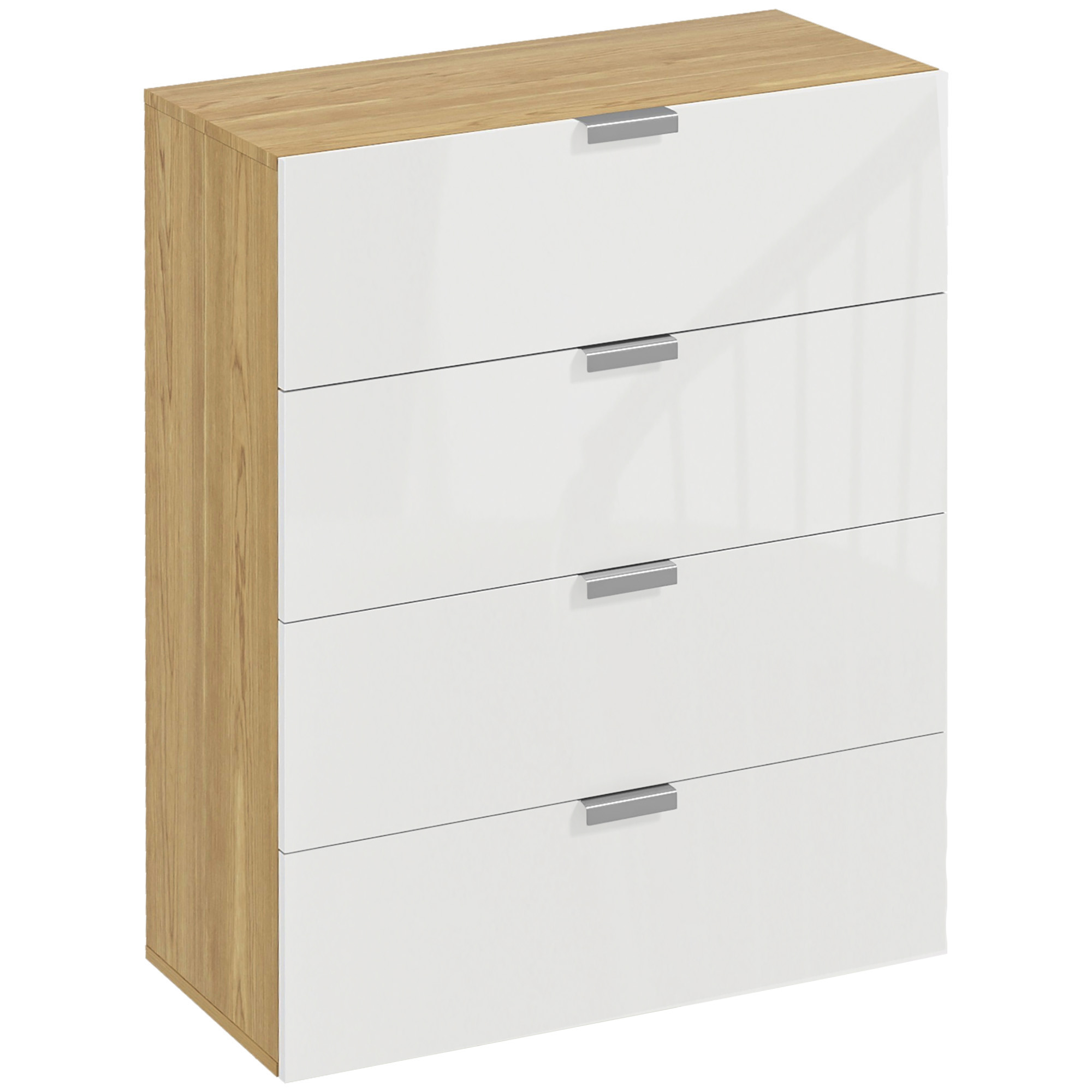HOMCOM Cómoda com 4 Gavetas de Alto Brilho Cómoda de Madeira de Estilo Moderno 70x35x92 cm Branco e Madeira   Aosom Portugal
