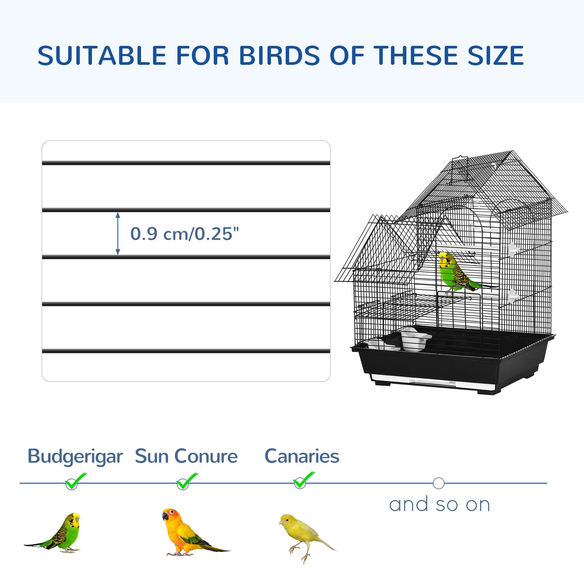PawHut Metal Bird Cage with Stand, Parrot Cockatiel Budgie Finch Canary, Includes Food Containers Swing Ring Tray, Small, Black, 39 x 33 x 47 cm
