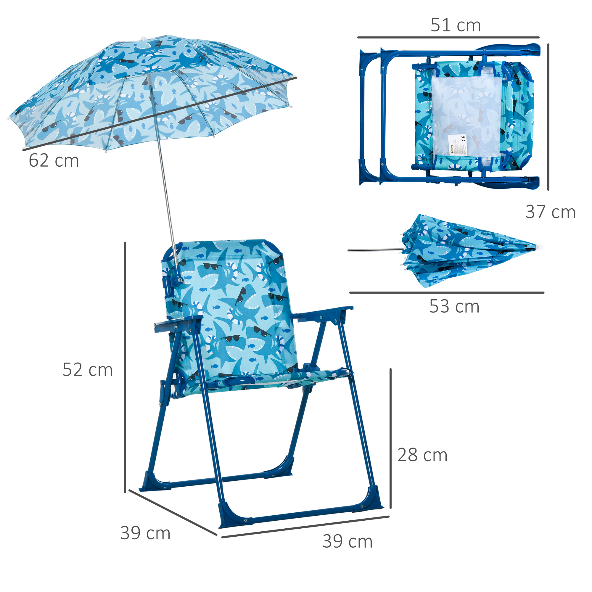 Outsunny Kinder-Campingstuhl mit Sonnenschirm Kinder-Strandstuhl Klappstuhl für 1-3 Jahre leichte Gewicht Metall Blau 39 x 39 x 52cm