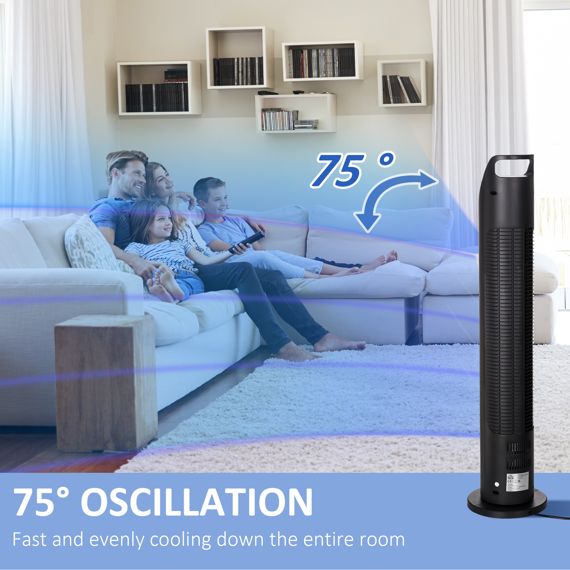 HOMCOM Oscillating Tower Fan, Remote Control, 4H Timer, 3-Speed, Quiet Operation, Electric Floor Standing Cooling Fan for Home Office Bedroom, Black