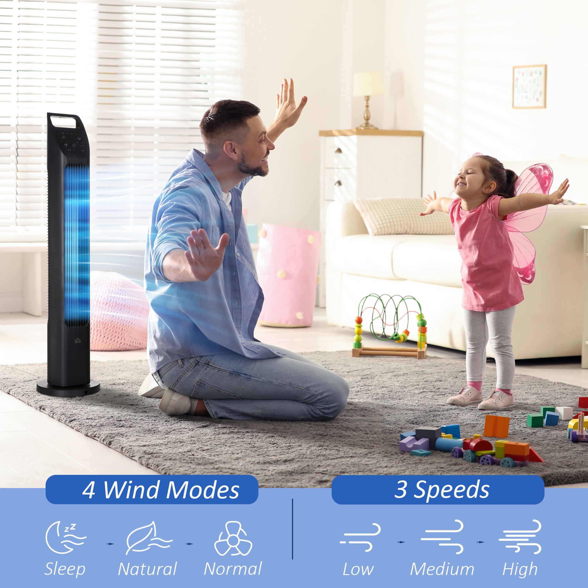 HOMCOM Oscillating Tower Fan, Remote Control, 4H Timer, 3-Speed, Quiet Operation, Electric Floor Standing Cooling Fan for Home Office Bedroom, Black