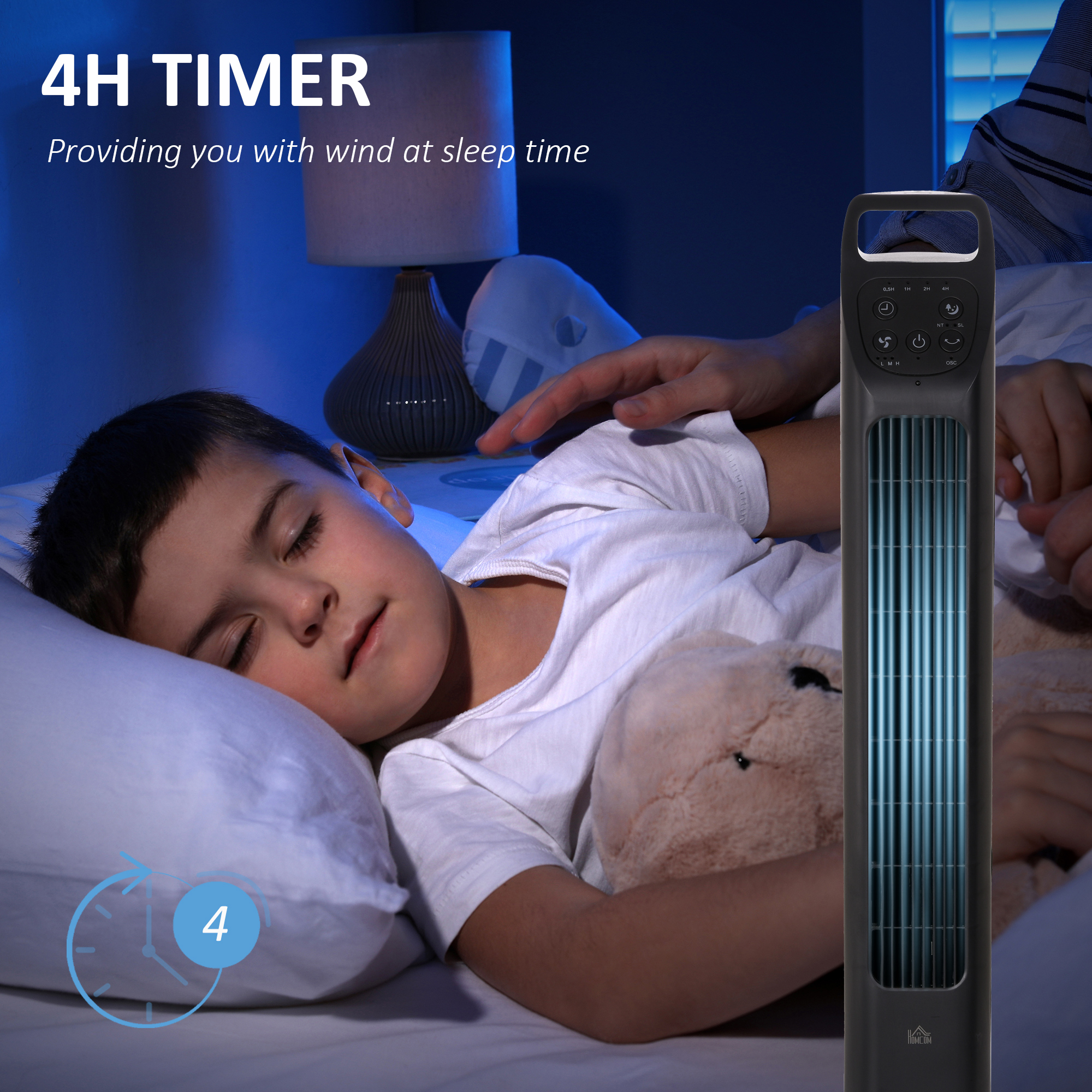 HOMCOM Oscillating Tower Fan, Remote Control, 4H Timer, 3-Speed, Quiet Operation, Electric Floor Standing Cooling Fan for Home Office Bedroom, Black