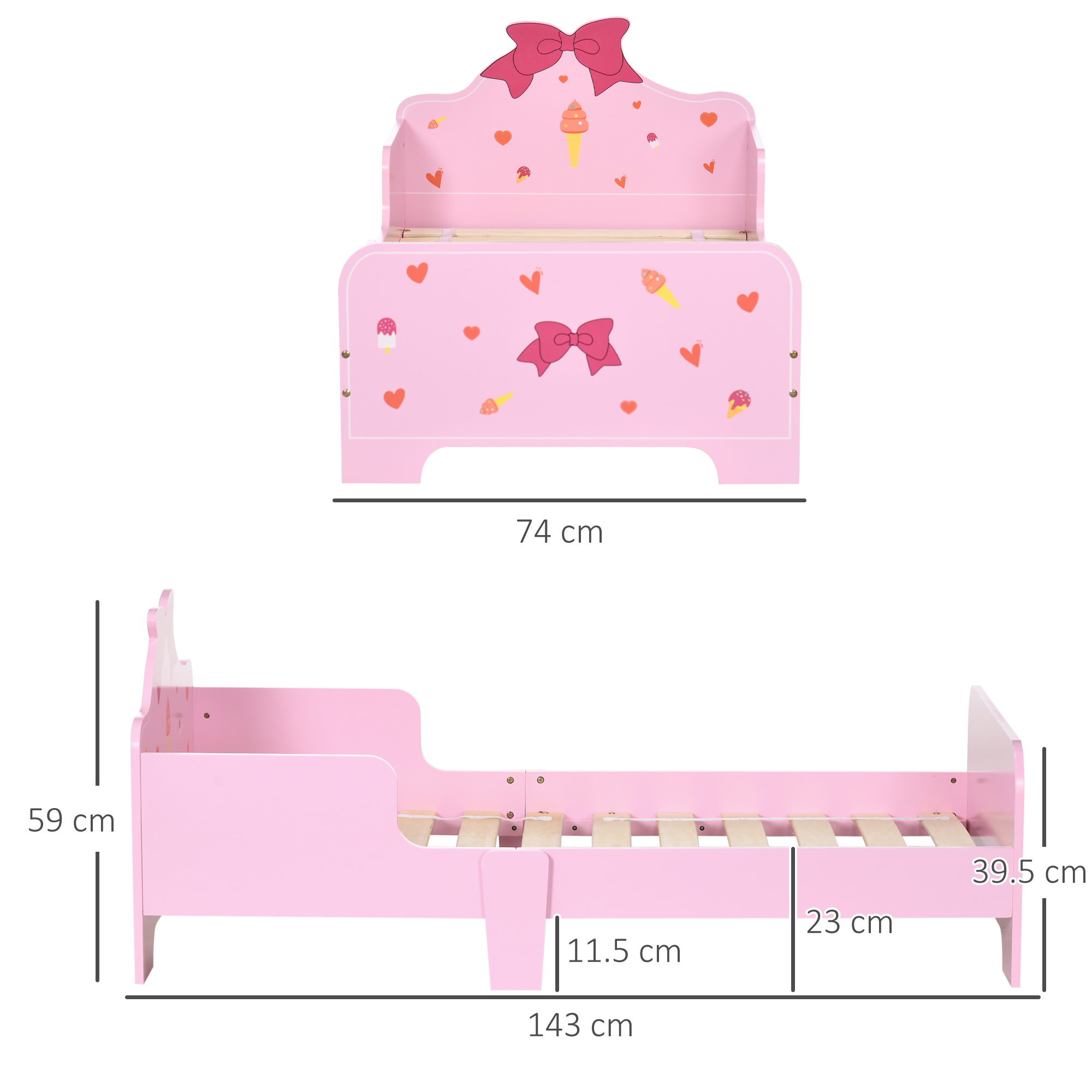 ZONEKIZ Princess-Themed Toddler Bed with Safety Side Rails and Slats, Cute Patterns, Kids Bedroom Furniture, Pink, 143 x 74 x 59 cm