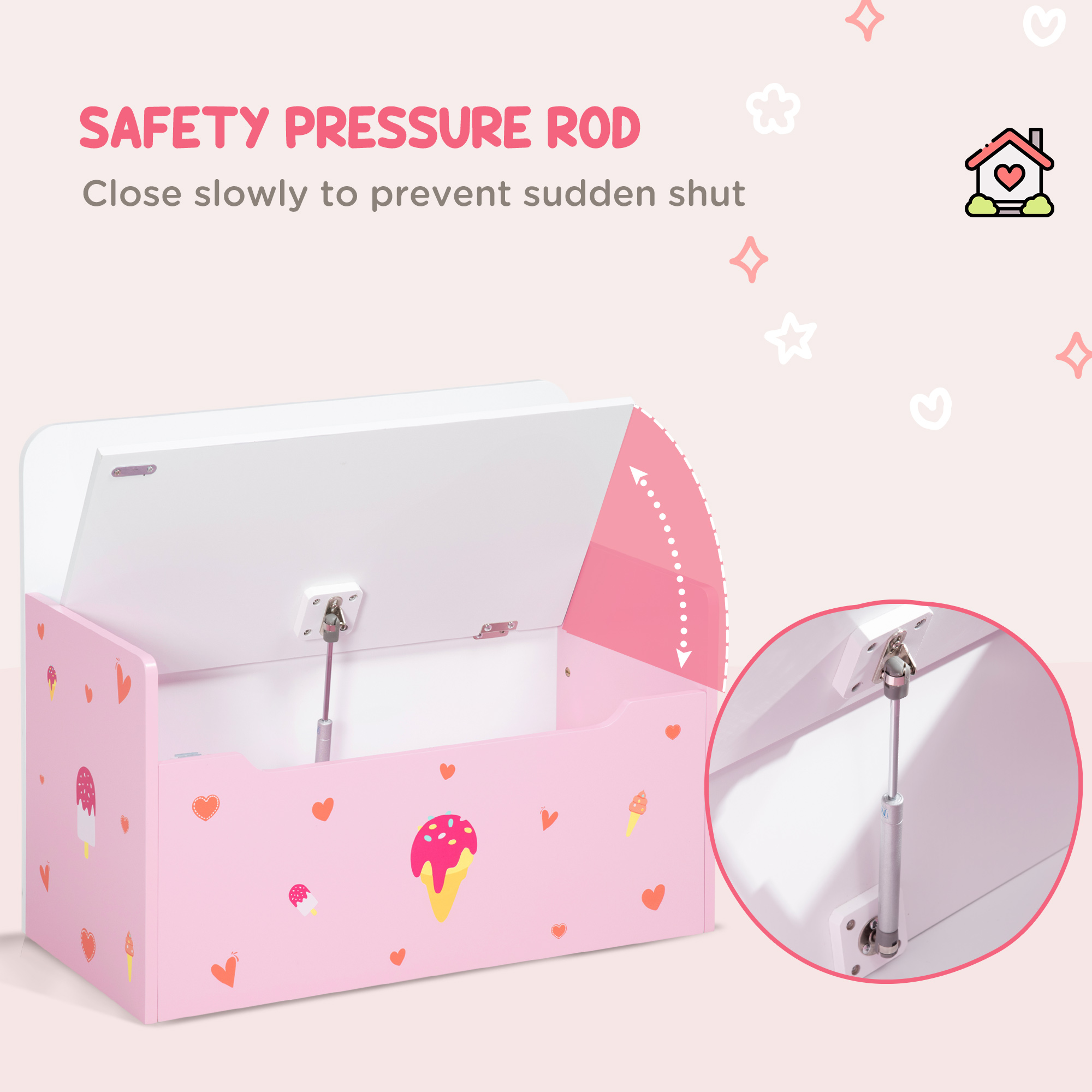 ZONEKIZ 2-in-1 Children's Wooden Toy Box and Bench, Storage Chest with Safety Pneumatic Rod, Pink