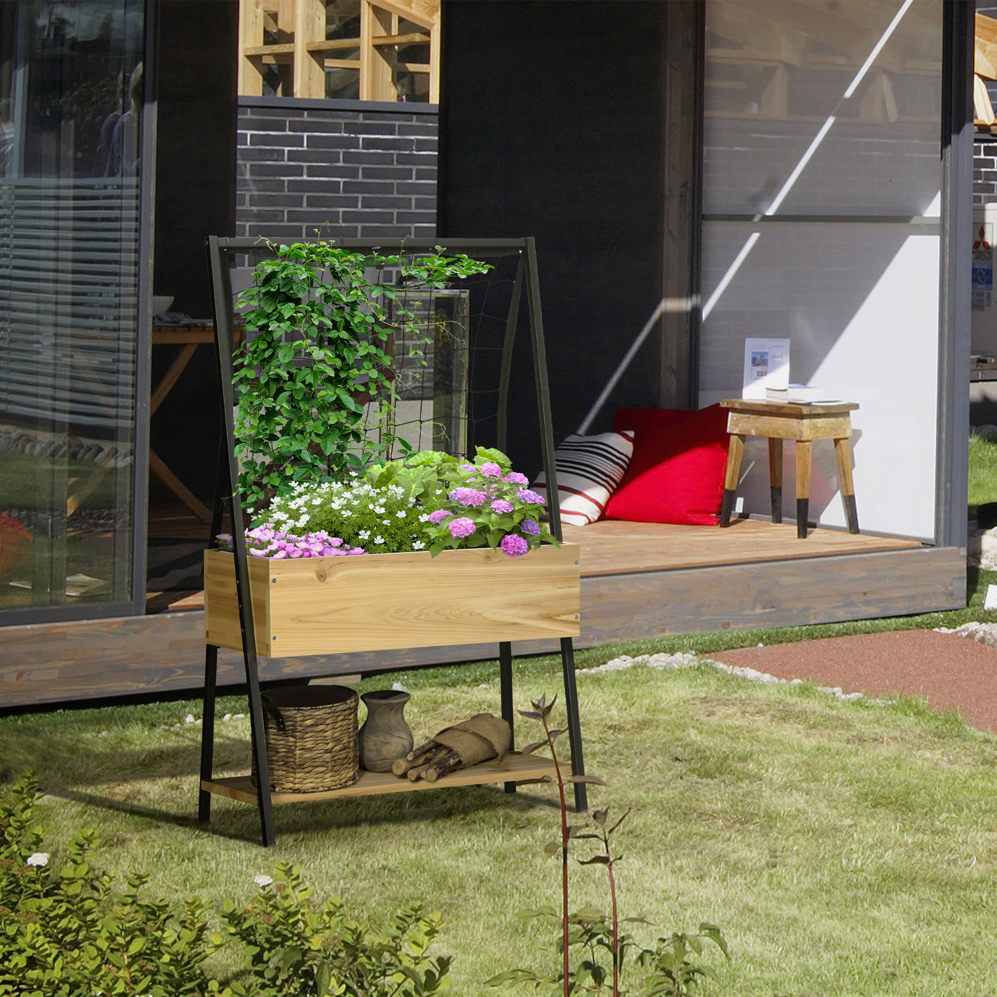 Outsunny Plantenbak Met Klimrek, Vierkante Houten Plantenbox Met Rugleuning Spalier Voor Klimplanten En Dak~1rr76rjo1lg00