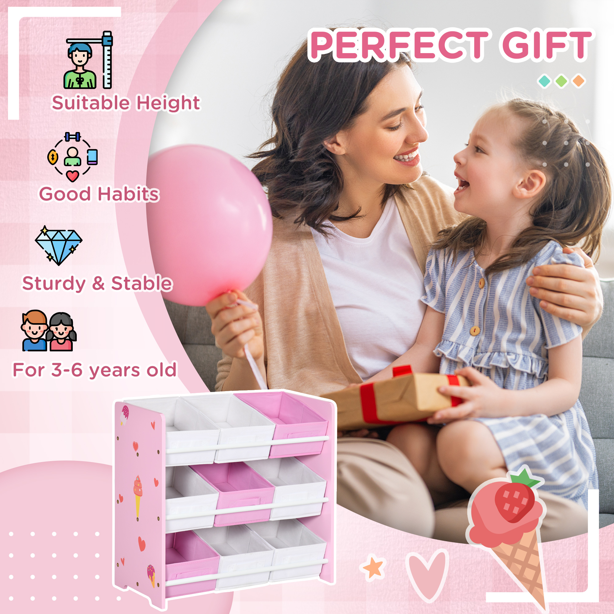 ZONEKIZ Playroom Storage Unit, Children's Bookshelf with 9 Colourful Baskets, Toy Organiser for Nursery, Pink