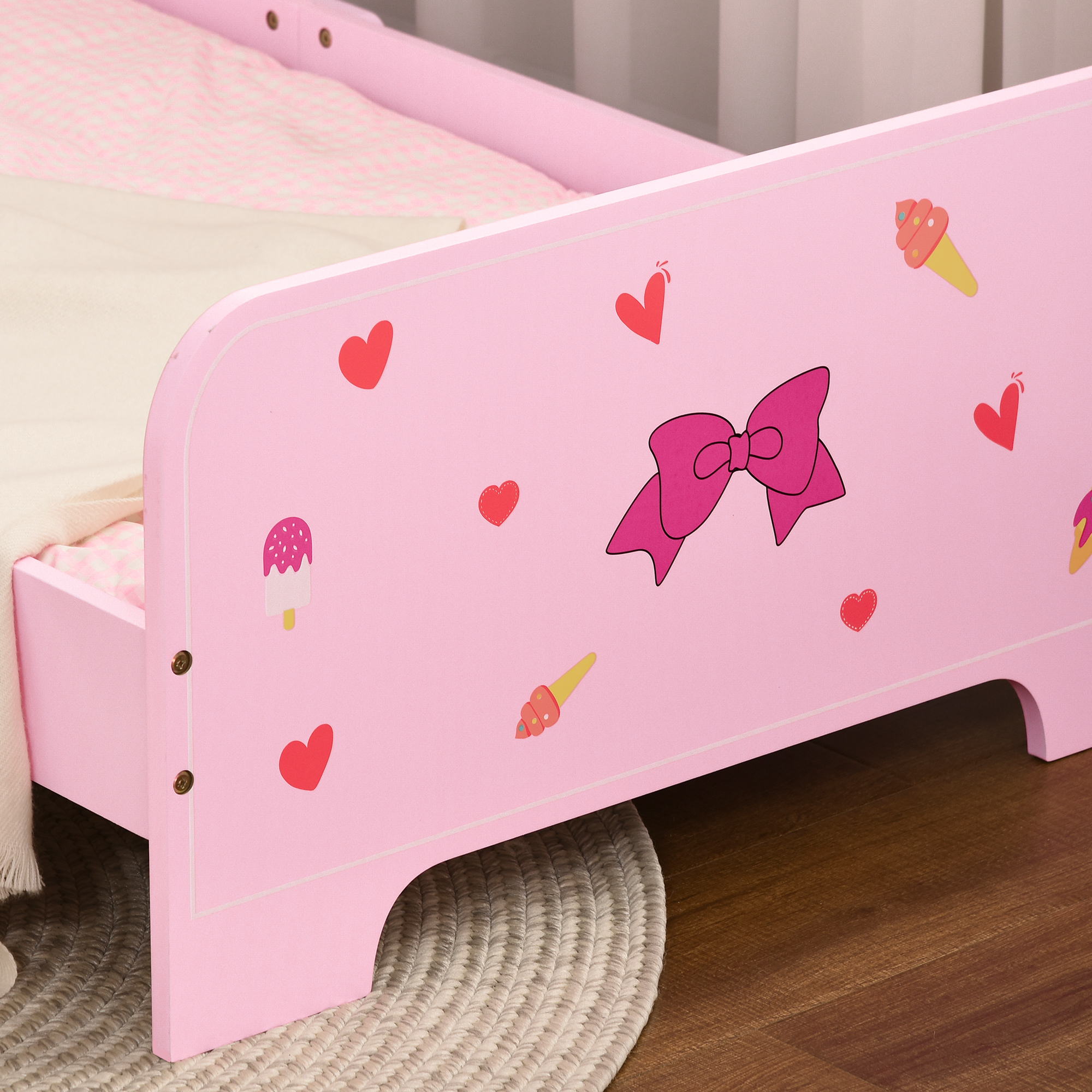 ZONEKIZ Princess-Themed Toddler Bed with Safety Side Rails and Slats, Cute Patterns, Kids Bedroom Furniture, Pink, 143 x 74 x 59 cm