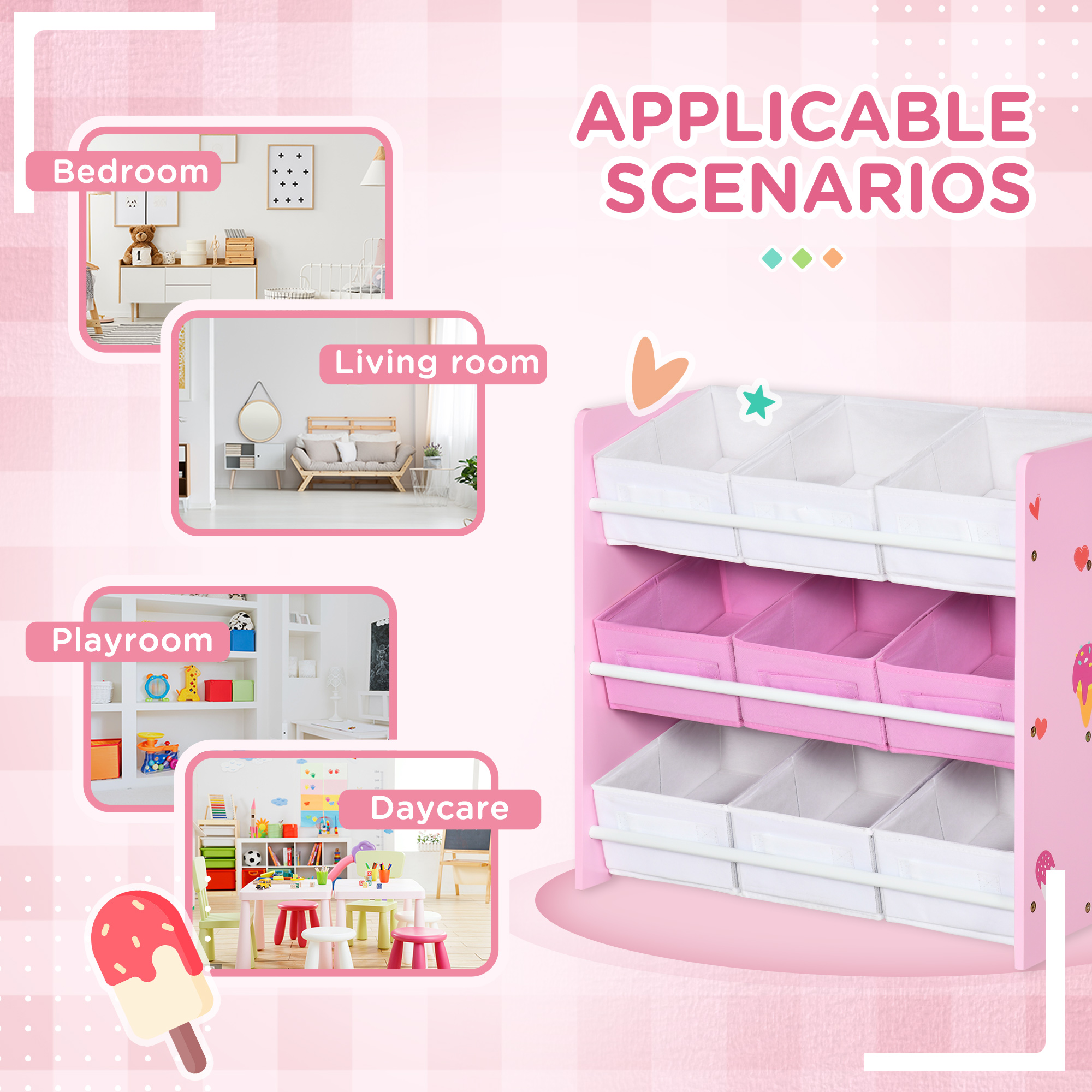 ZONEKIZ Playroom Storage Unit, Children's Bookshelf with 9 Colourful Baskets, Toy Organiser for Nursery, Pink