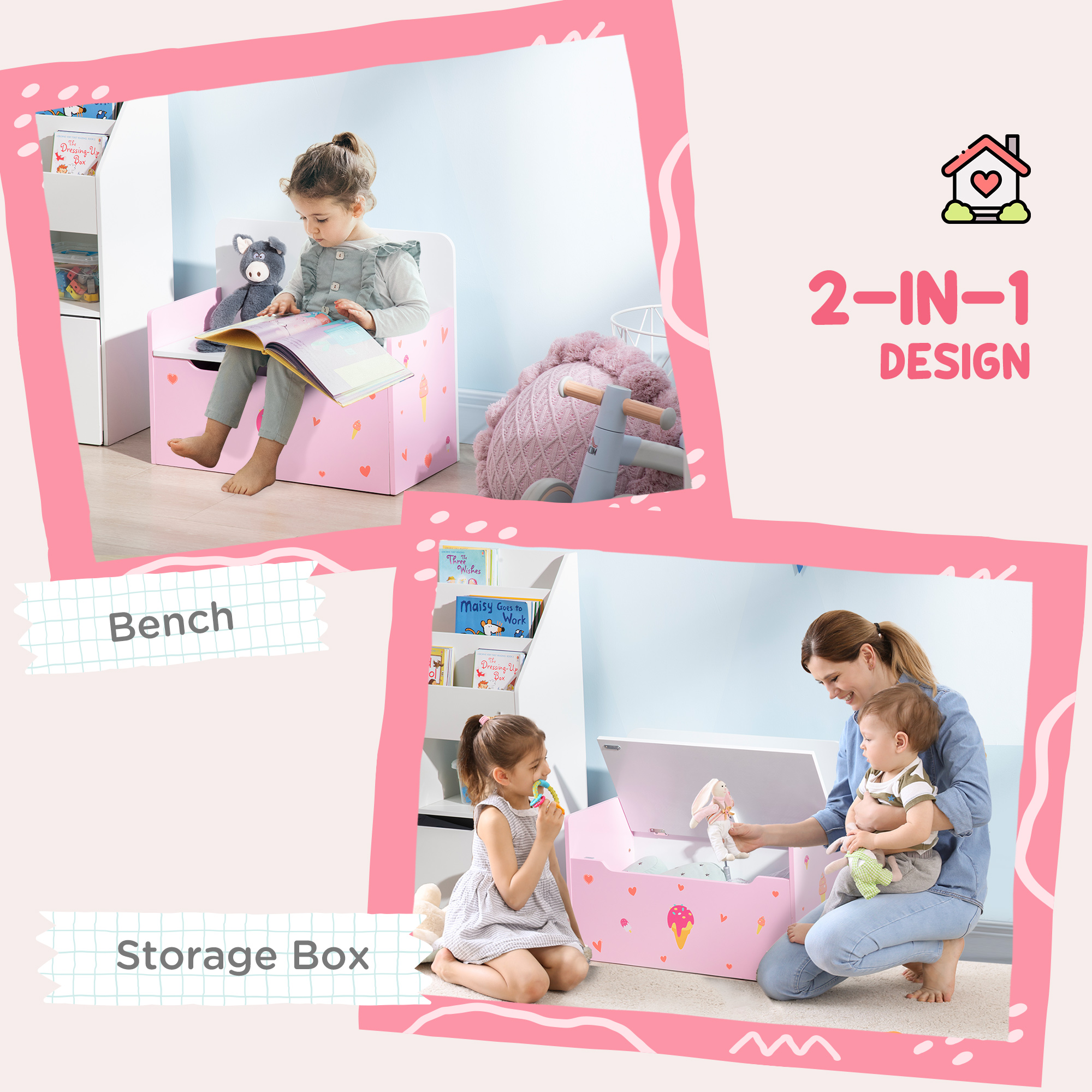 ZONEKIZ 2-in-1 Children's Wooden Toy Box and Bench, Storage Chest with Safety Pneumatic Rod, Pink