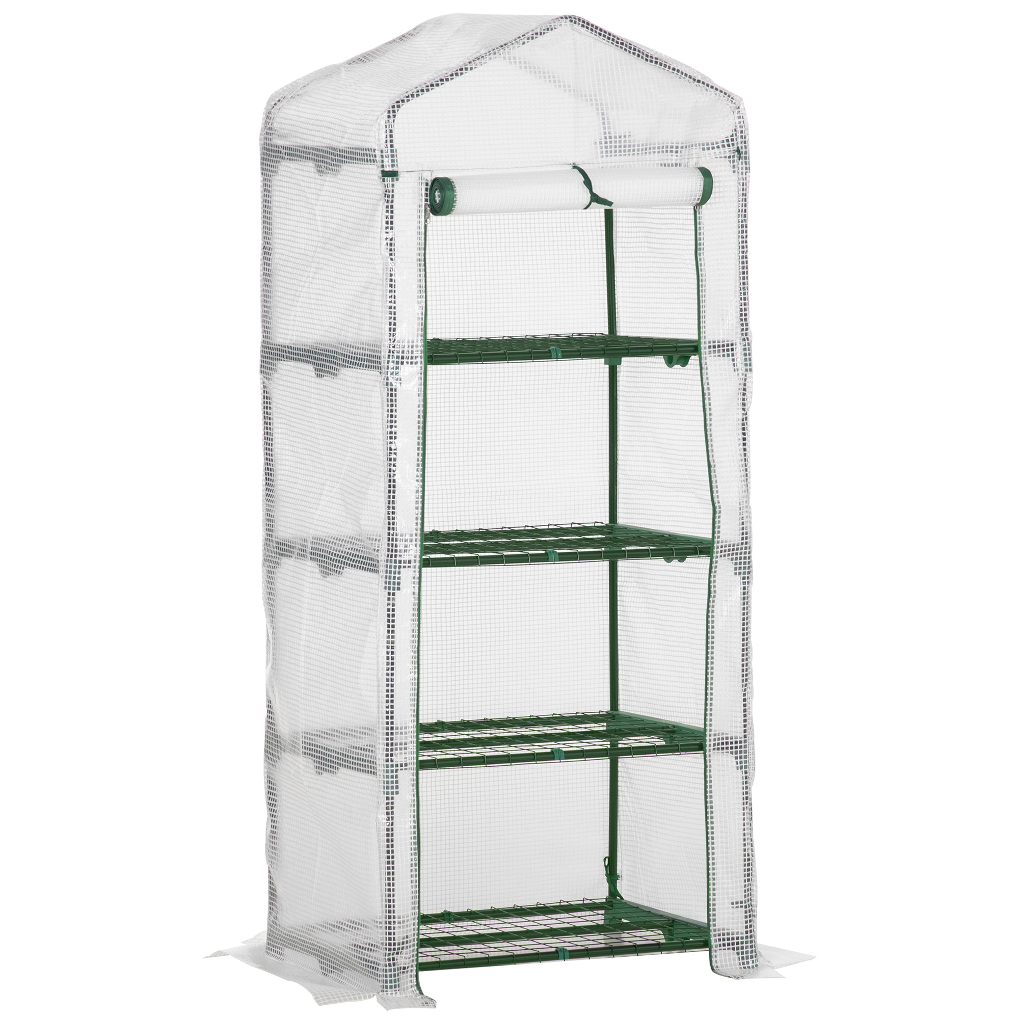 Outsunny kas met planken, weerbestendig, oprolbare deur, optimale ventilatie, ruimtebesparend ontwerp, 70 x 50 x 160 cm, wit, zwart | Aosom.nl