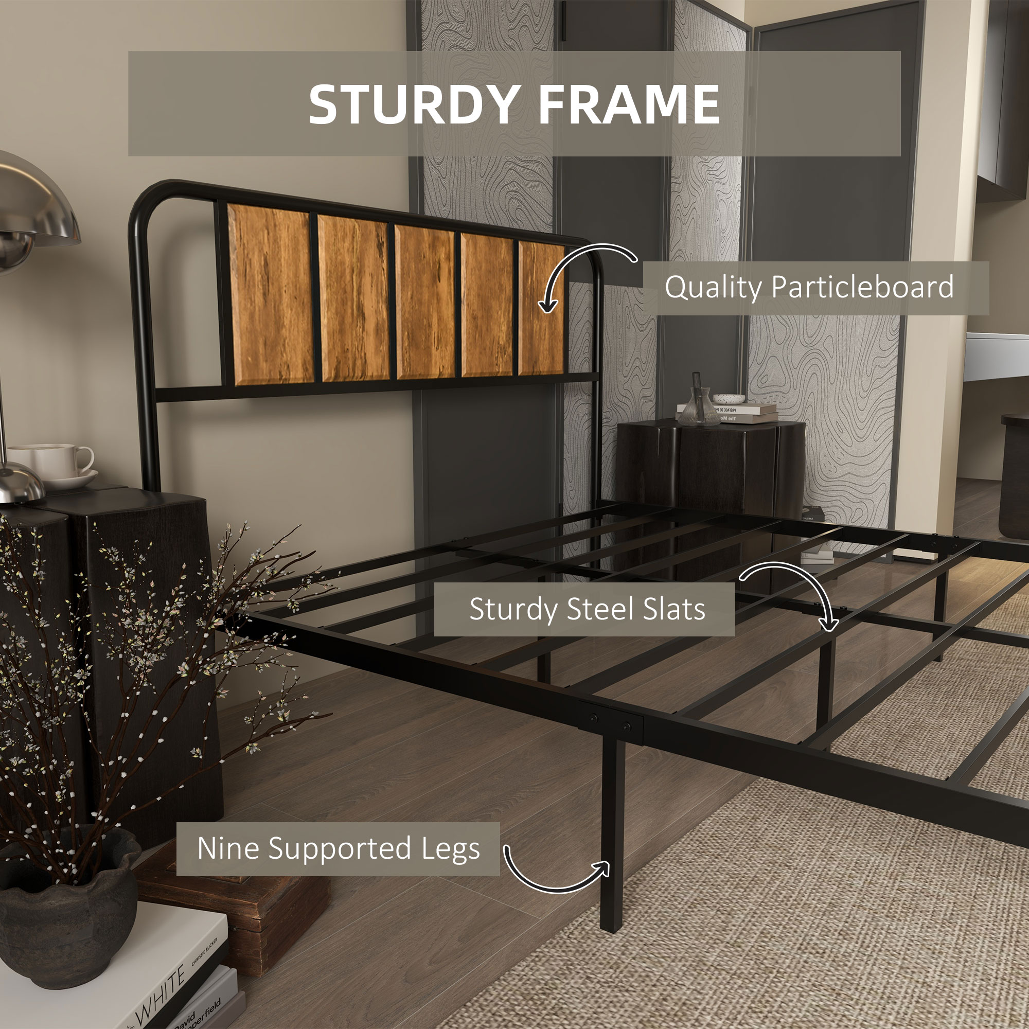 HOMCOM 25.5cm Double Bed Frame, Industrial Bed Base with Headboard, Footboard, Steel Slat Support and Under Bed Storage, 145 x 199cm, Rustic Brown