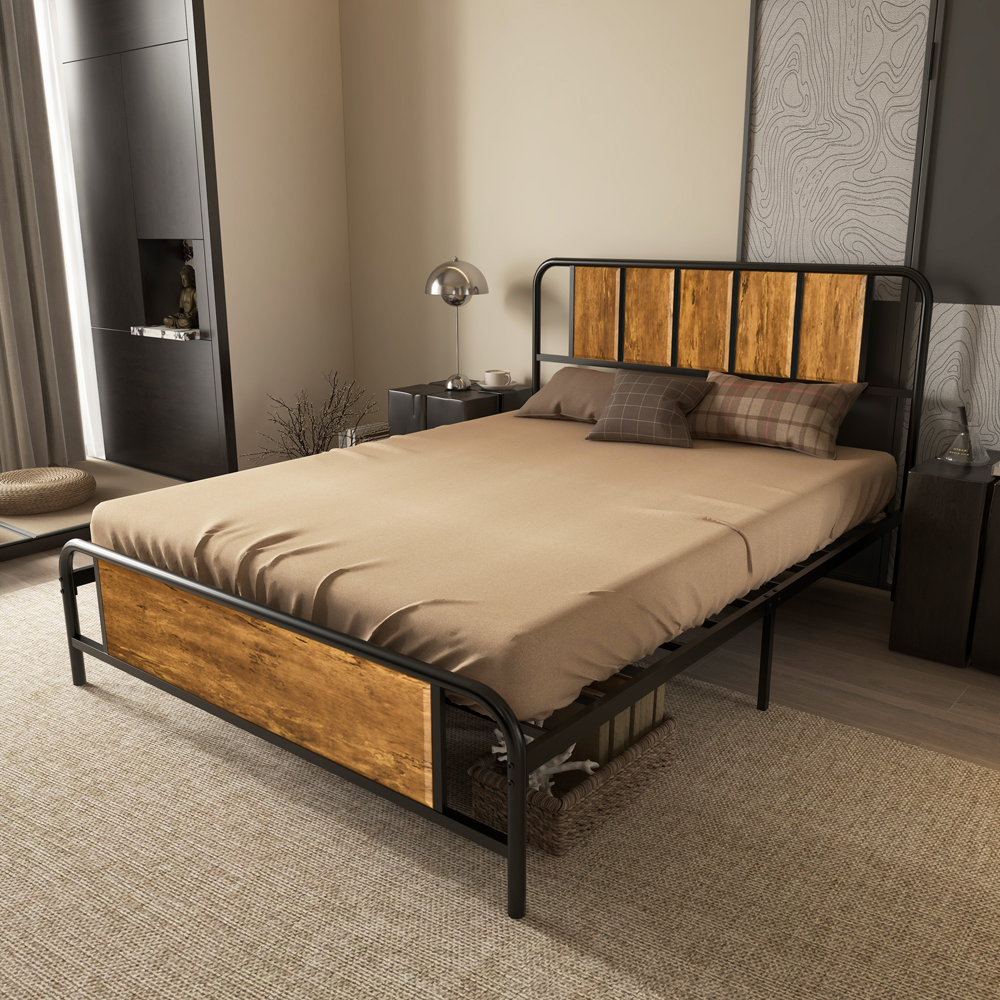 HOMCOM 25.5cm Double Bed Frame, Industrial Bed Base with Headboard, Footboard, Steel Slat Support and Under Bed Storage, 145 x 199cm, Rustic Brown