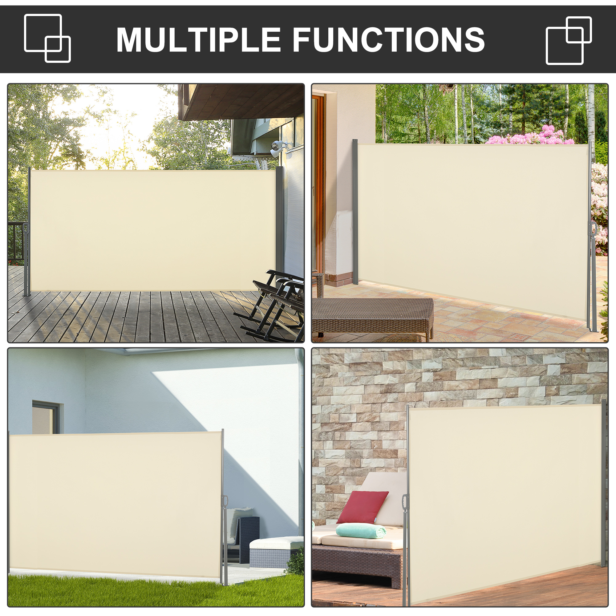 Outsunny Retractable Side Awning, Sun Screen Fence for Patio Garden, Wall Balcony Screening Panel, Outdoor Blind Privacy Divider, 3x1.6M, Cream White