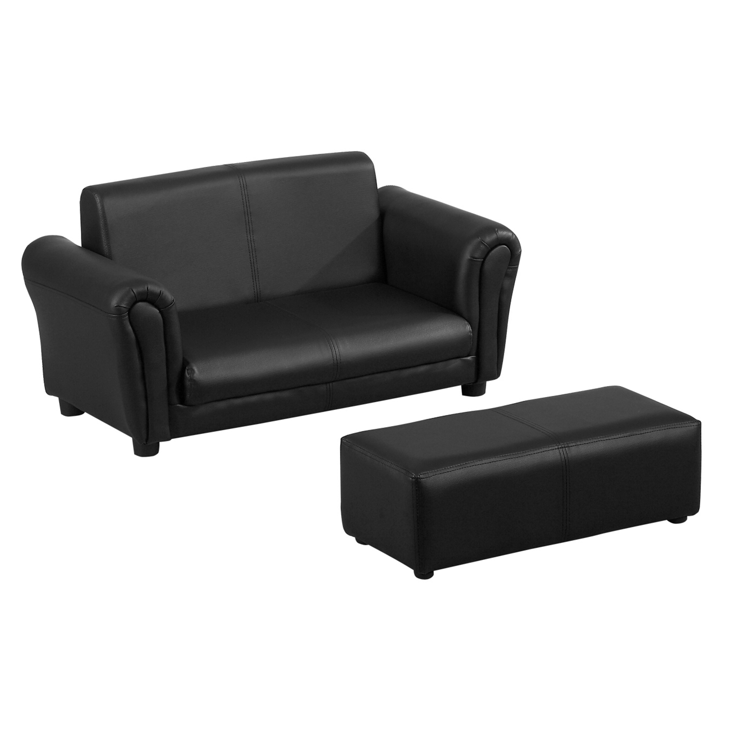 HOMCOM Kids Sofa 2 Seater Toddler Wood Frame PVC with Footstool Black - Aosom Ireland from Aosom IE