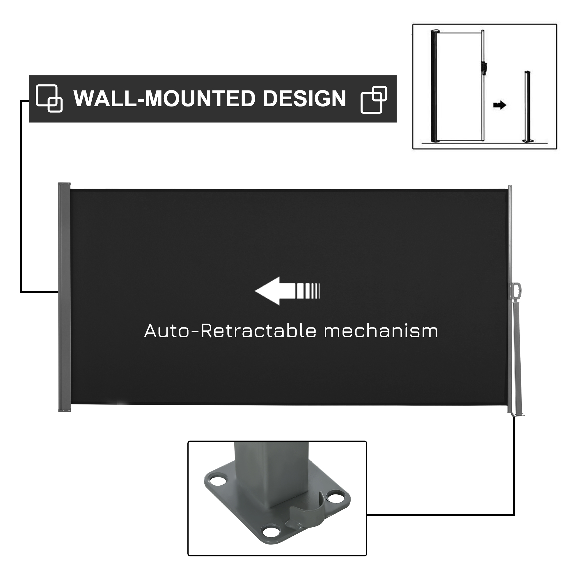 Outsunny Retractable Side Awning, Screen Fence for Patio Garden, Wall Balcony Screening Panel, Outdoor Privacy Divider, 3x1.6M, Black