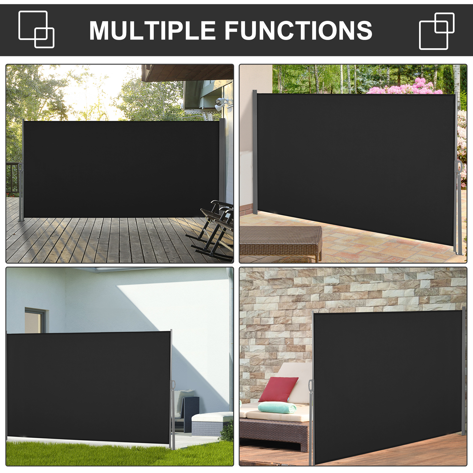 Outsunny Retractable Side Awning, Screen Fence for Patio Garden, Wall Balcony Screening Panel, Outdoor Privacy Divider, 3x1.6M, Black