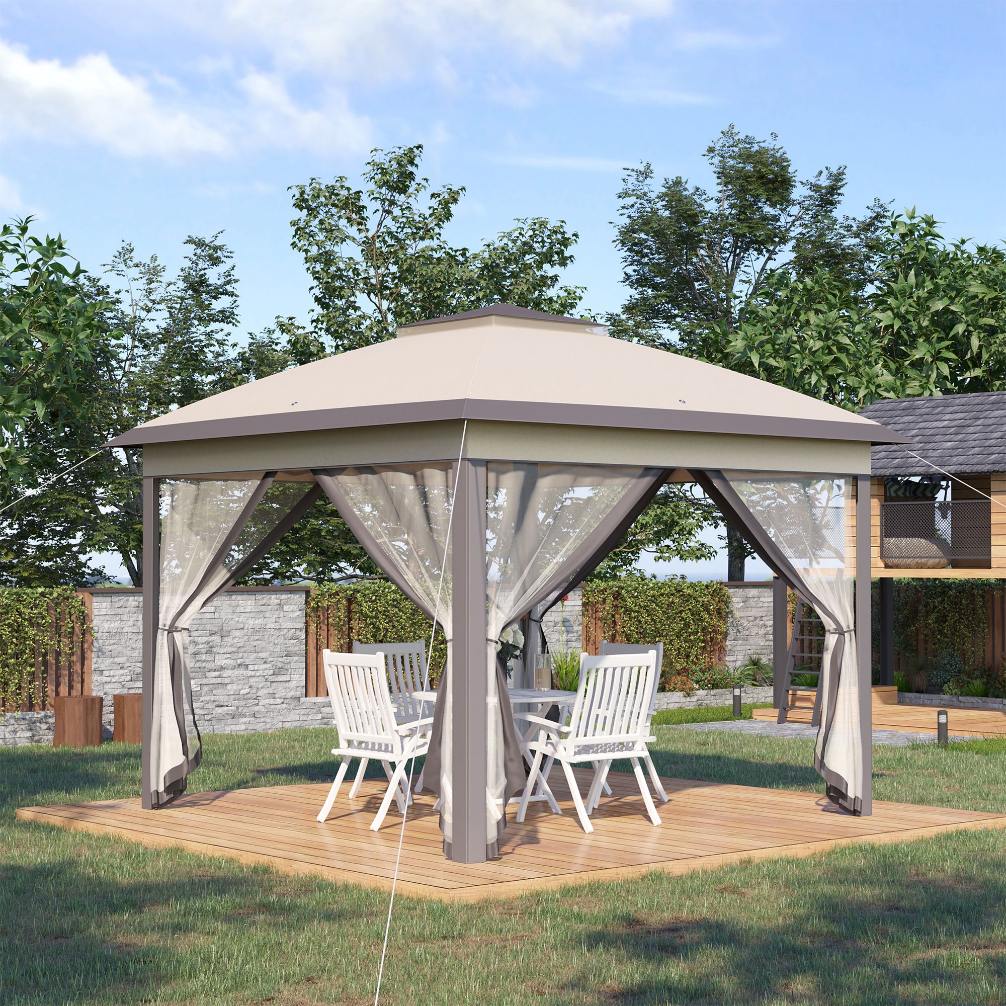Outsunny 11' x 11' Pop Up Canopy, Double Roof Foldable Canopy Tent with Zippered Mesh Sidewalls, Height Adjustable and Carrying Bag, Event Tent Beige
