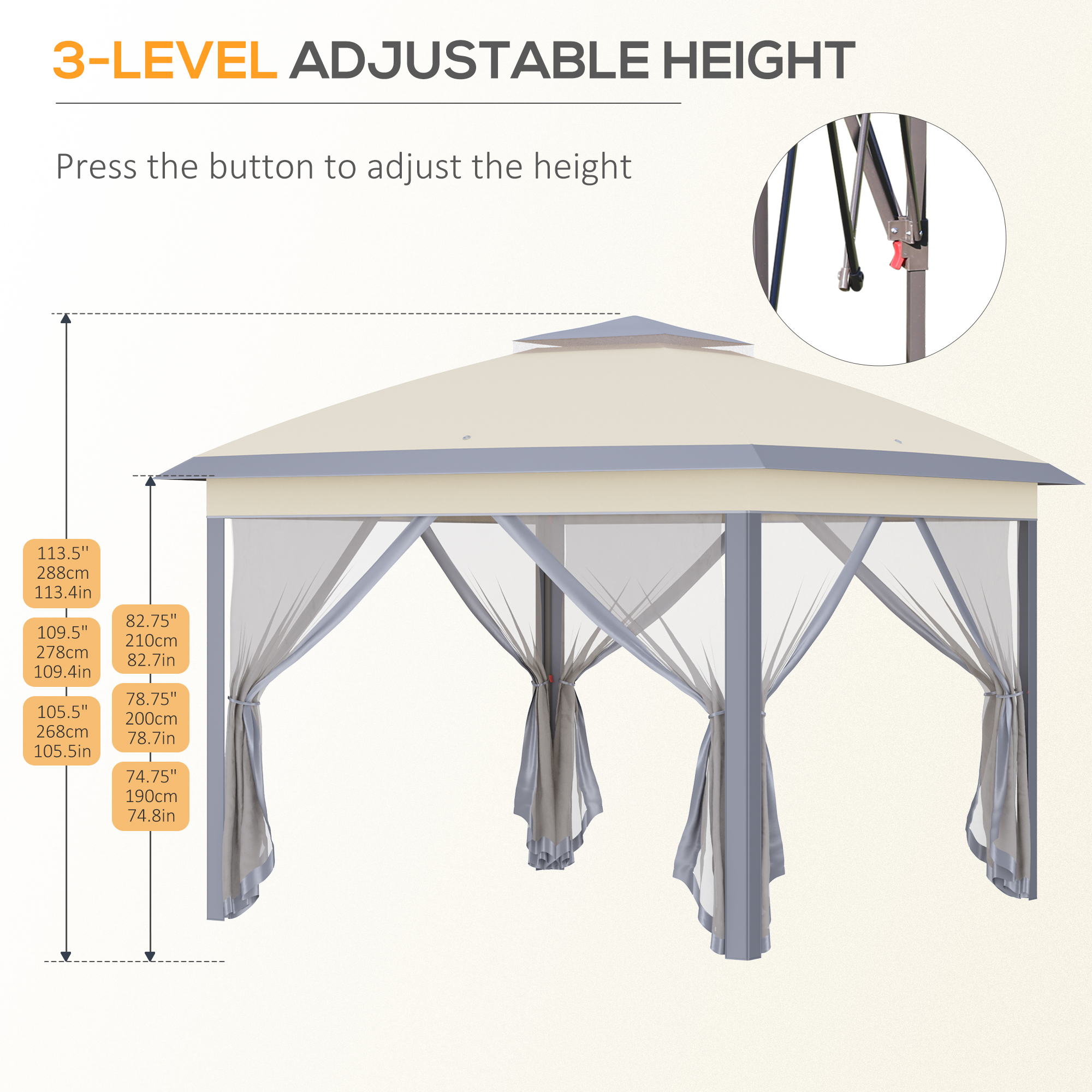 Outsunny 11' x 11' Pop Up Canopy, Double Roof Foldable Canopy Tent with Zippered Mesh Sidewalls, Height Adjustable and Carrying Bag, Event Tent Beige