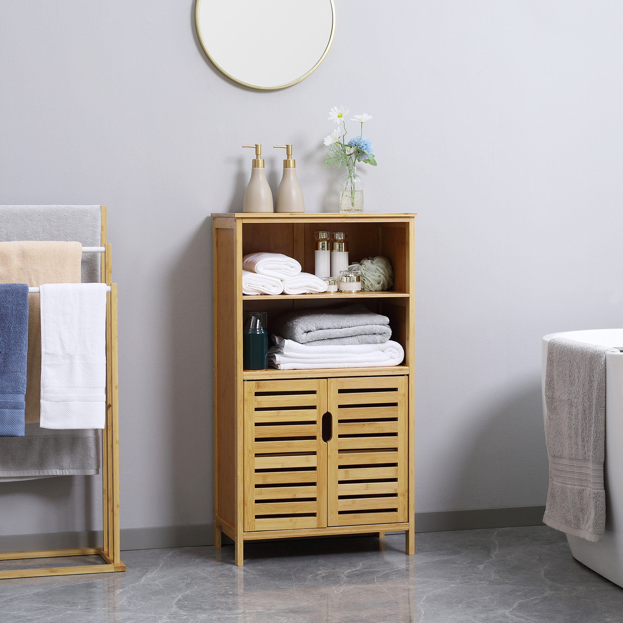Kleankin badkamermeubel, stijlvol bamboe, met lamellendeuren, 2 planken, 1 kast, ruimtebesparend, 50 x 29 x 92 cm, naturel | Aosom.nl afbeelding