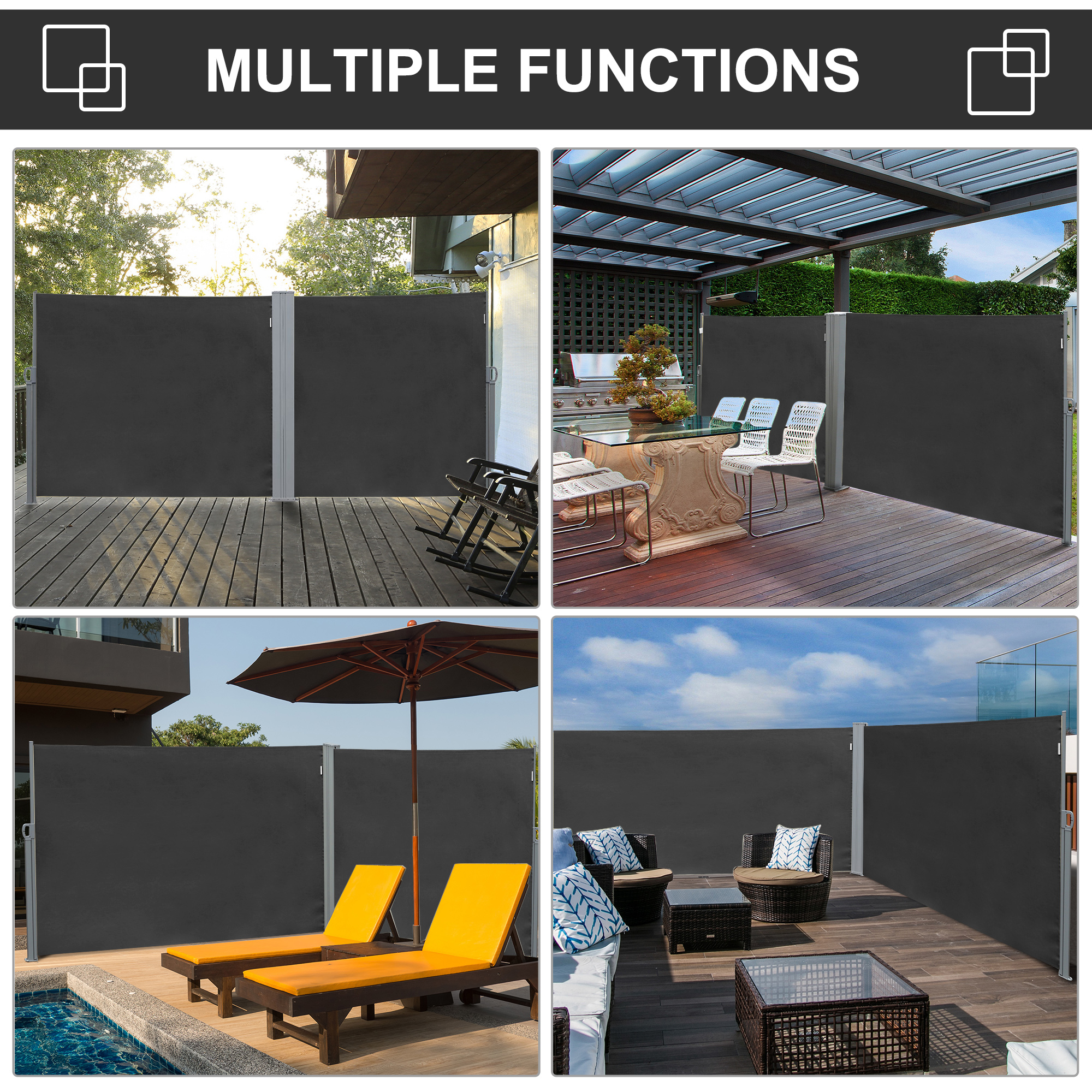Outsunny Retractable Side Awning, Sun Screen Fence for Patio Garden, Wall Balcony Privacy Divider, 3x1.8M, Grey