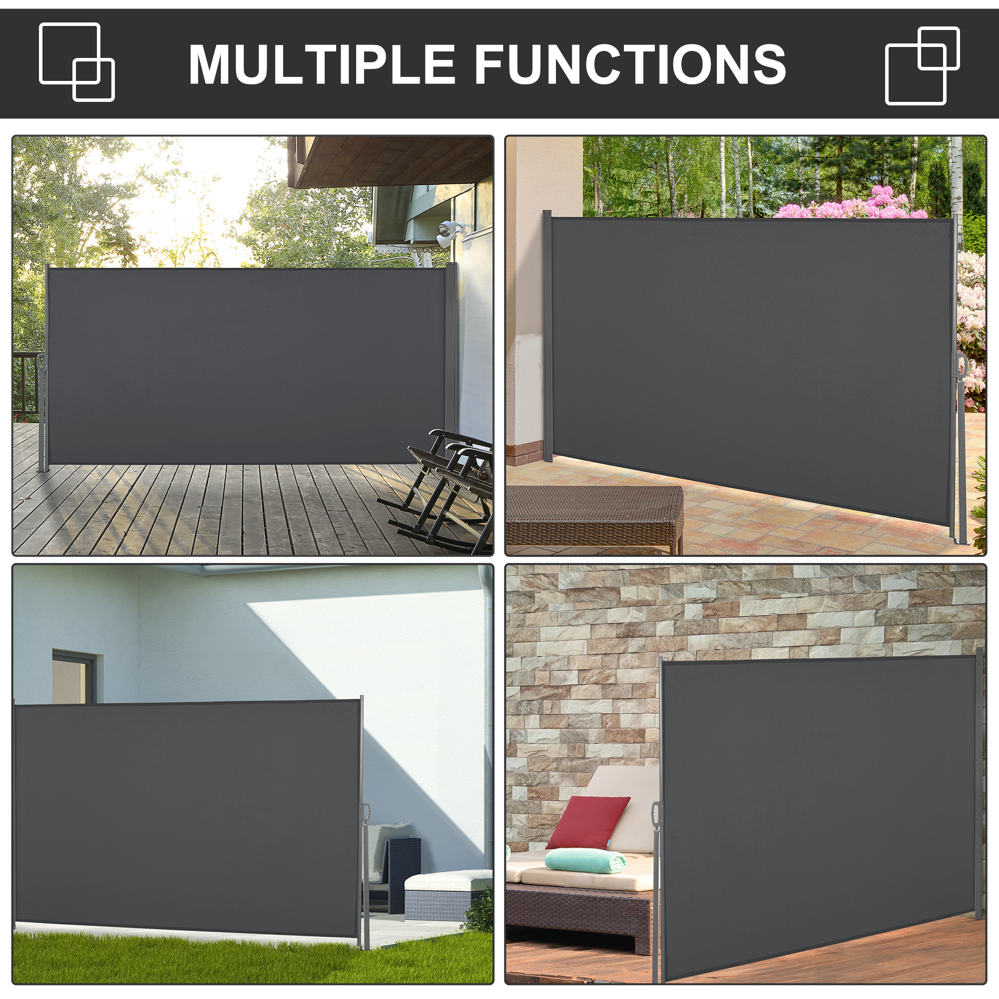 Outsunny Retractable Side Awning, 3x1.6m Sun Screen Fence for Patio Garden Balcony Privacy Divider, Grey
