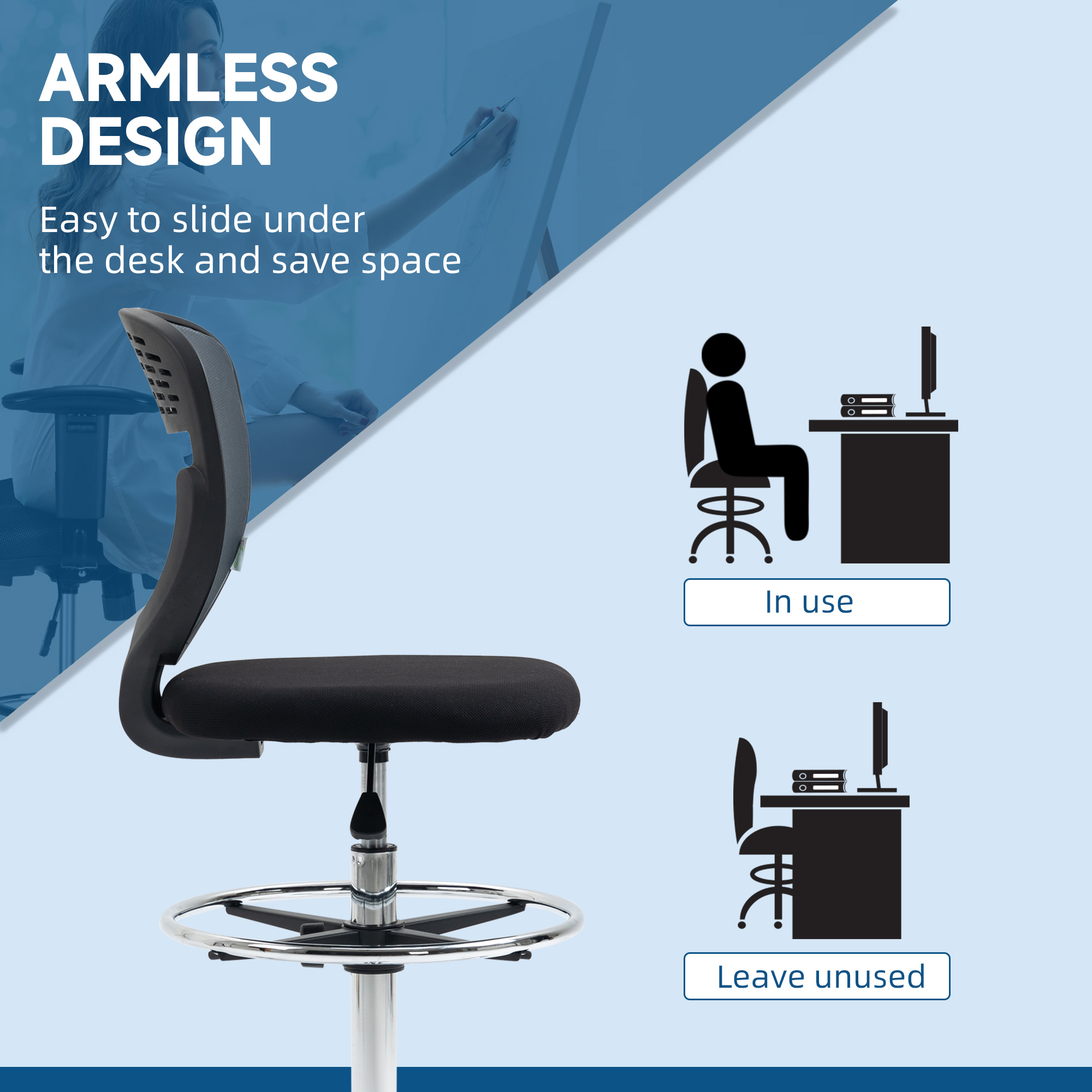 Vinsetto Ergonomic Draughtsman Chair, Armless Swivel Office Chair, Mesh Back with Lumbar Support & Adjustable Foot Ring, Grey