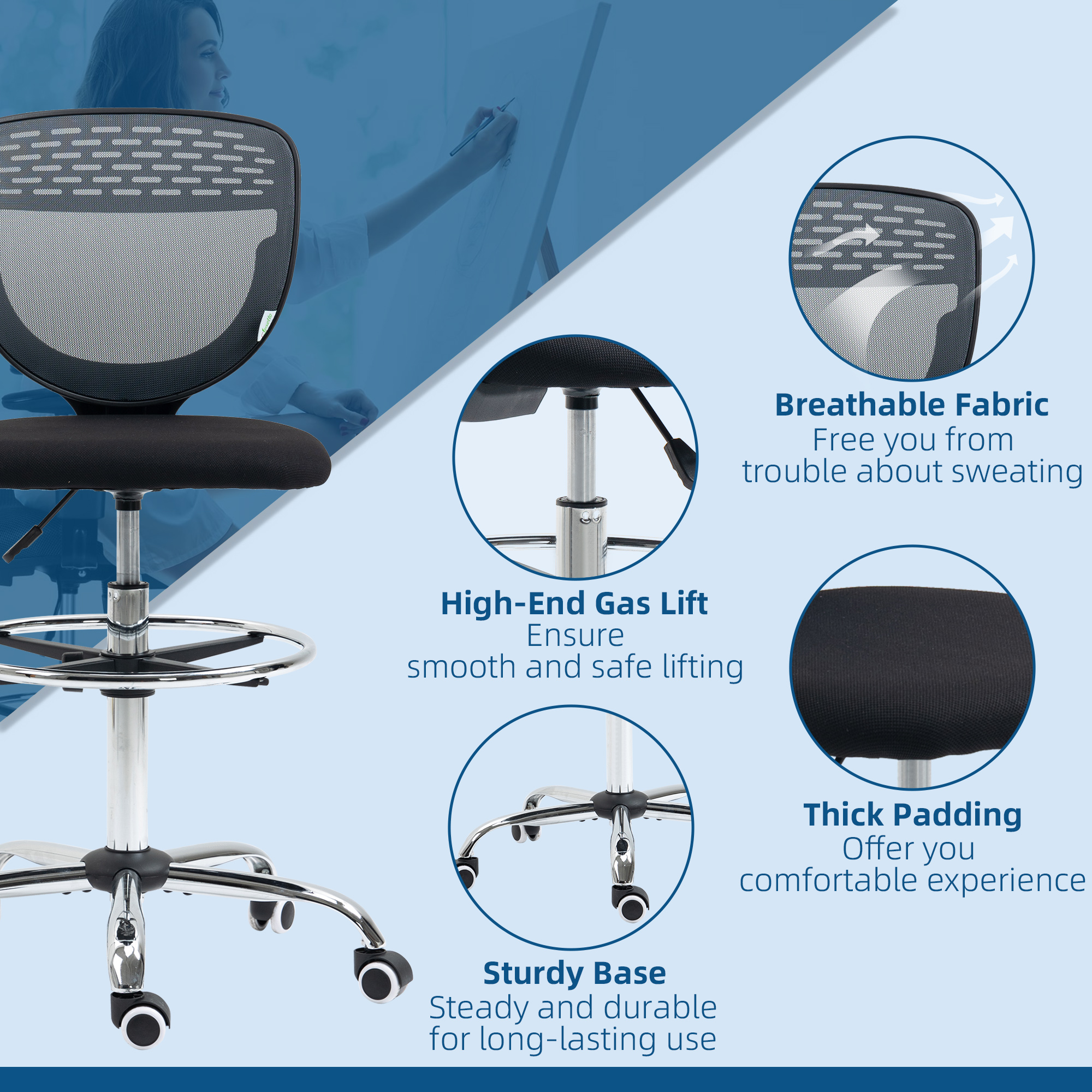Vinsetto Ergonomic Draughtsman Chair, Armless Swivel Office Chair, Mesh Back with Lumbar Support & Adjustable Foot Ring, Grey