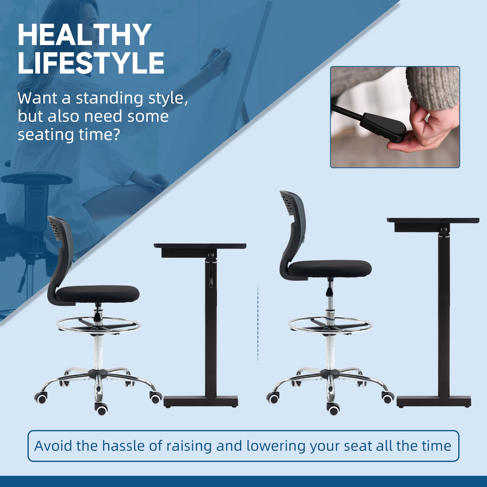 Vinsetto Ergonomic Draughtsman Chair, Armless Swivel Office Chair, Mesh Back with Lumbar Support & Adjustable Foot Ring, Grey