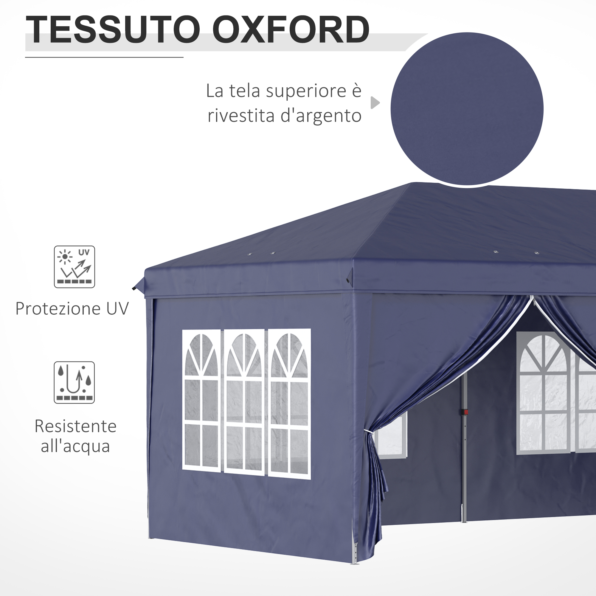 Outsunny Gazebo 6x3 M Pieghevole - Gazebo Da Giardino Con 6 Pannelli Laterali, Acciaio E Tessuto Oxford Blu - Foto 7