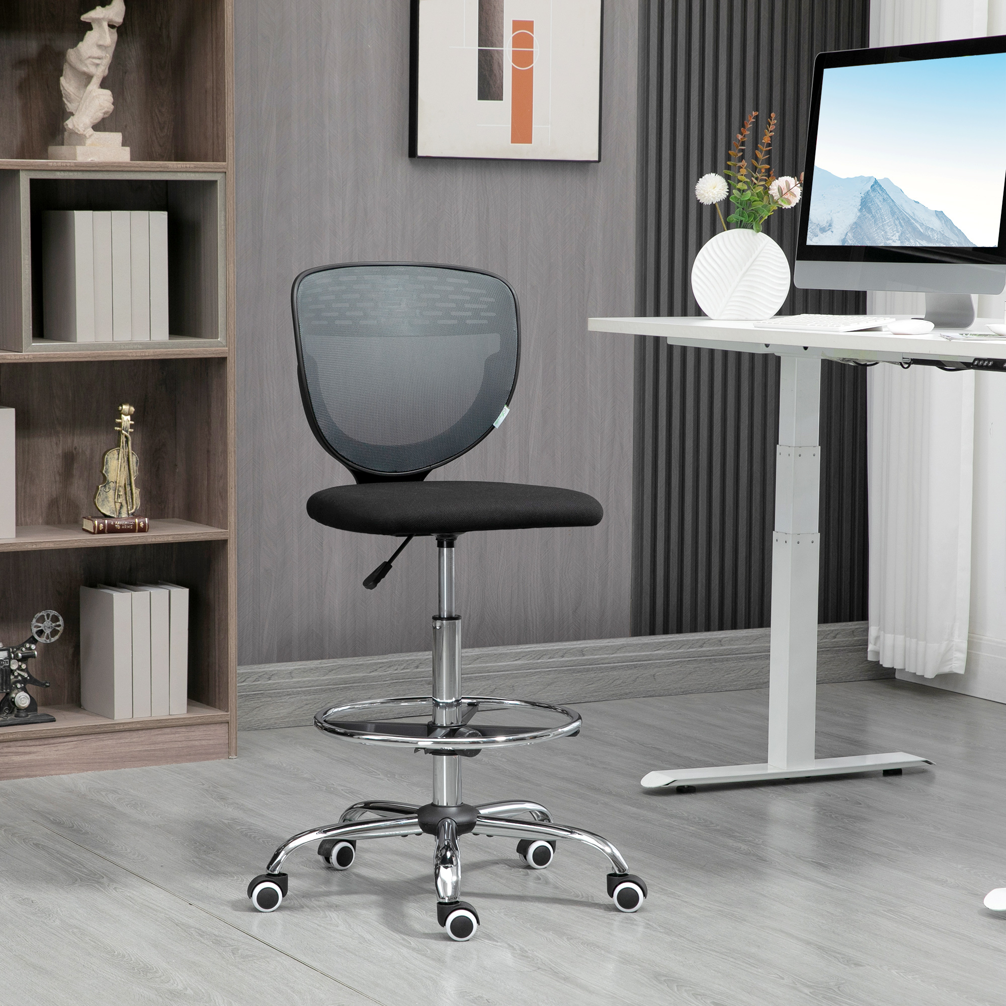 Vinsetto Ergonomic Draughtsman Chair, Armless Swivel Office Chair, Mesh Back with Lumbar Support & Adjustable Foot Ring, Grey